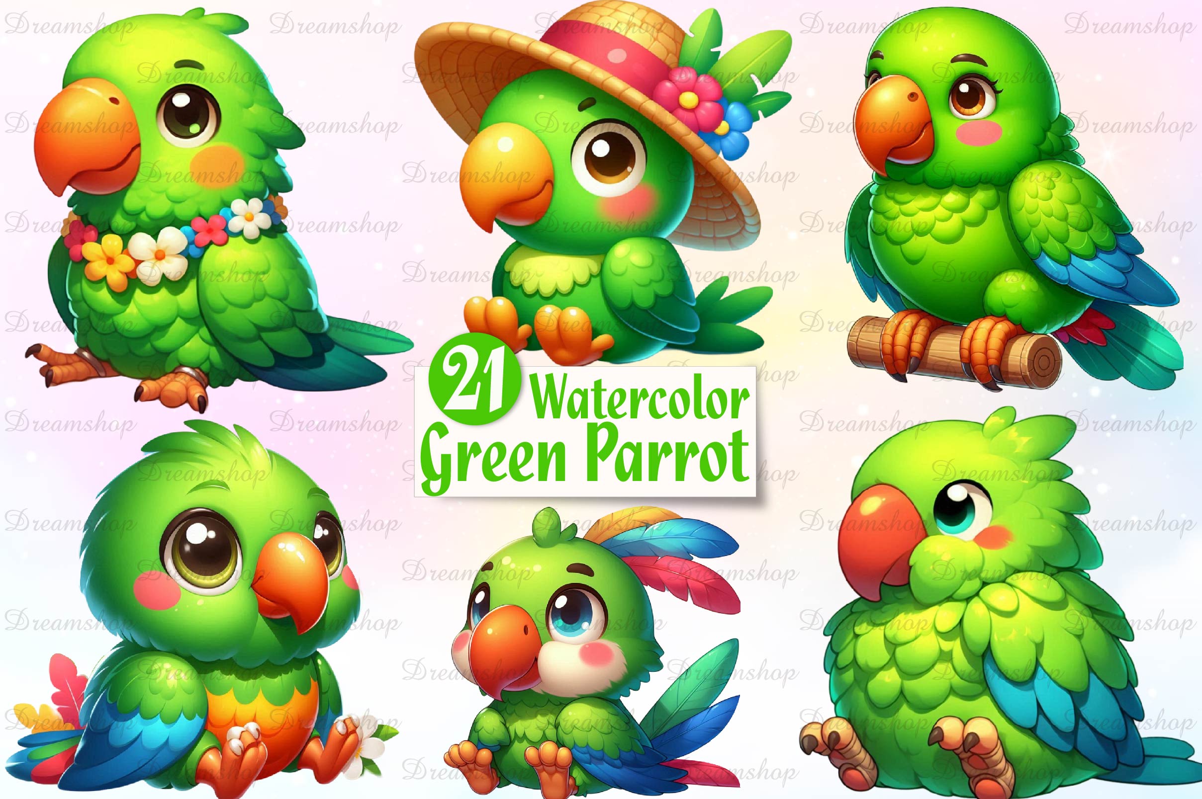 Cute And Funny Green Parrot Clipart Bundle - CraftNest - Digital Crafting and Art