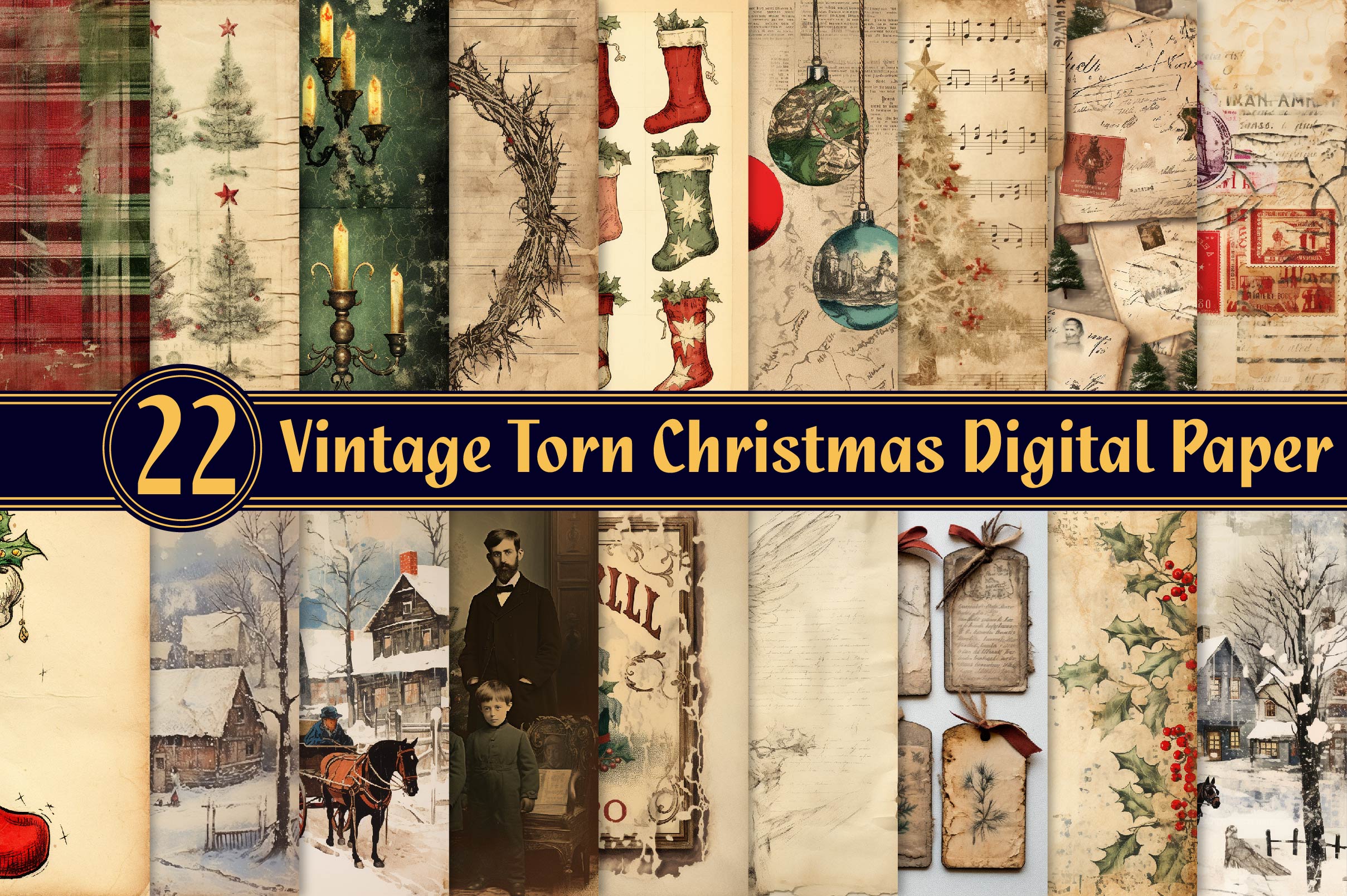 Vintage Torn Christmas Digital Paper - CraftNest - Digital Crafting and Art