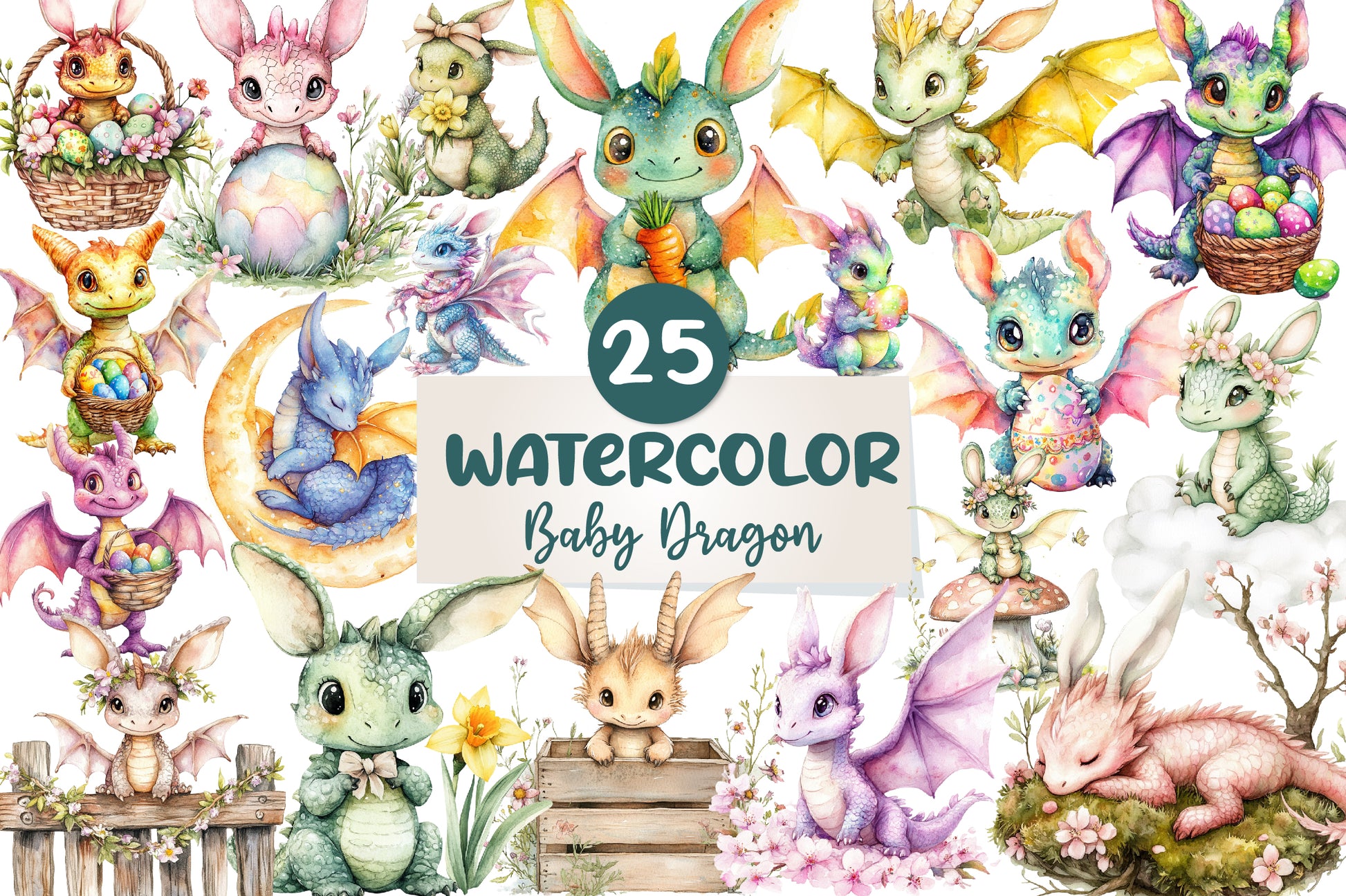 Baby Dragon With Bunny Ears Clipart Bundle - CraftNest - Digital Crafting and Art