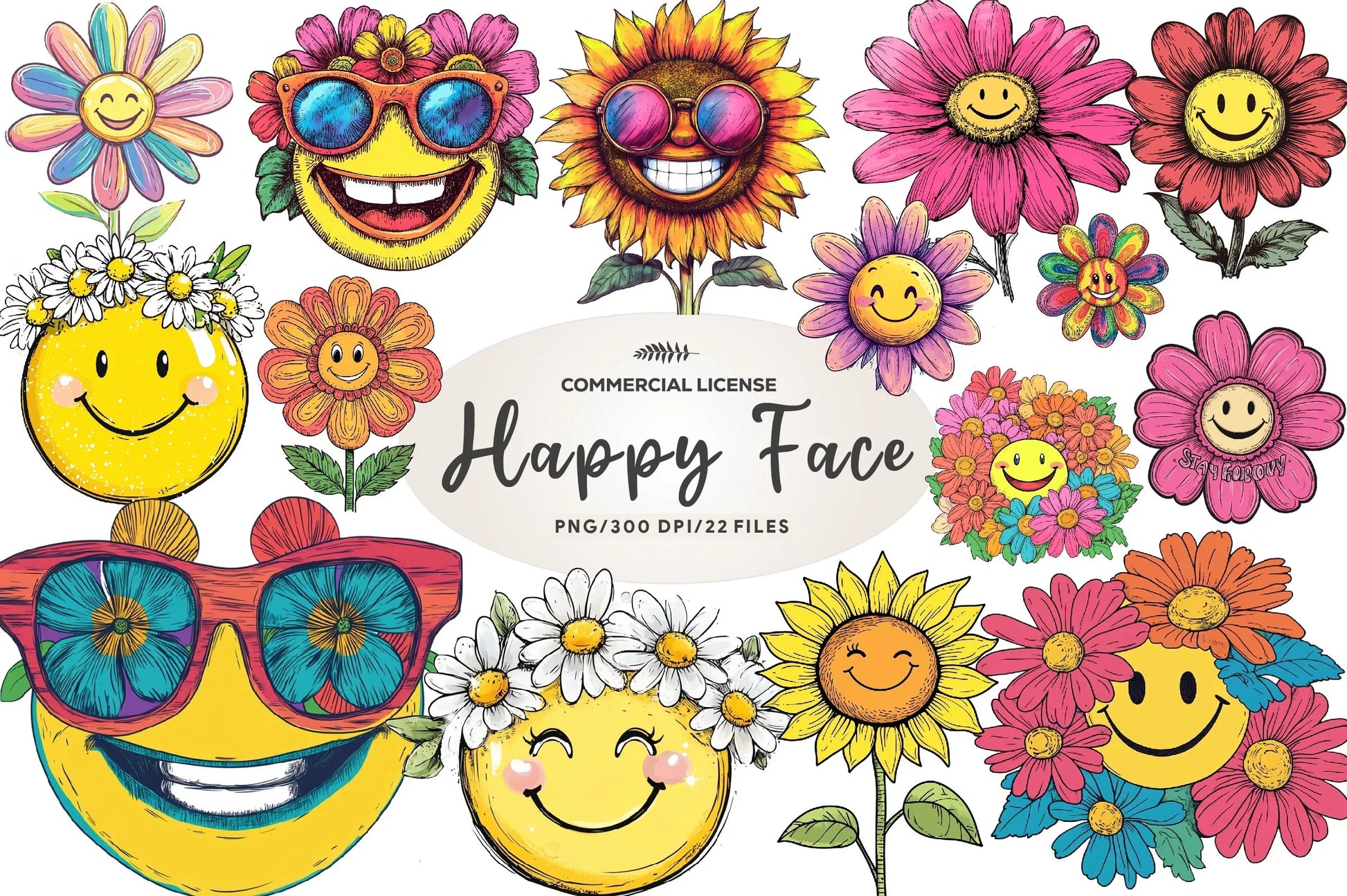 Retro Happy Face Floral Clipart Bundle - CraftNest - Digital Crafting and Art