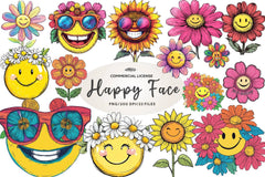 Retro Happy Face Floral Clipart Bundle - CraftNest - Digital Crafting and Art