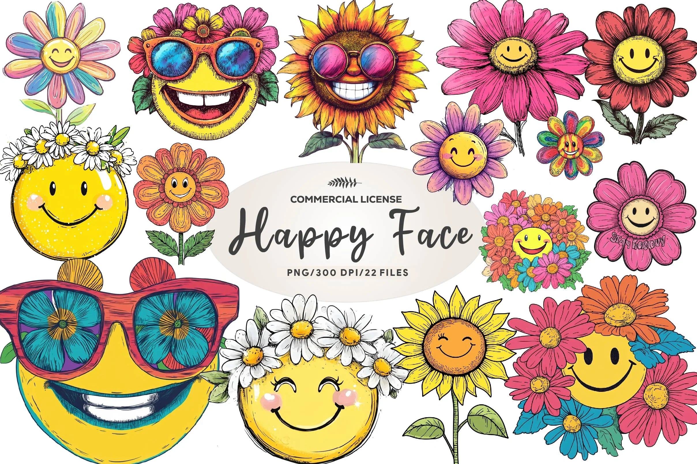 Retro Happy Face Floral Clipart Bundle - CraftNest - Digital Crafting and Art