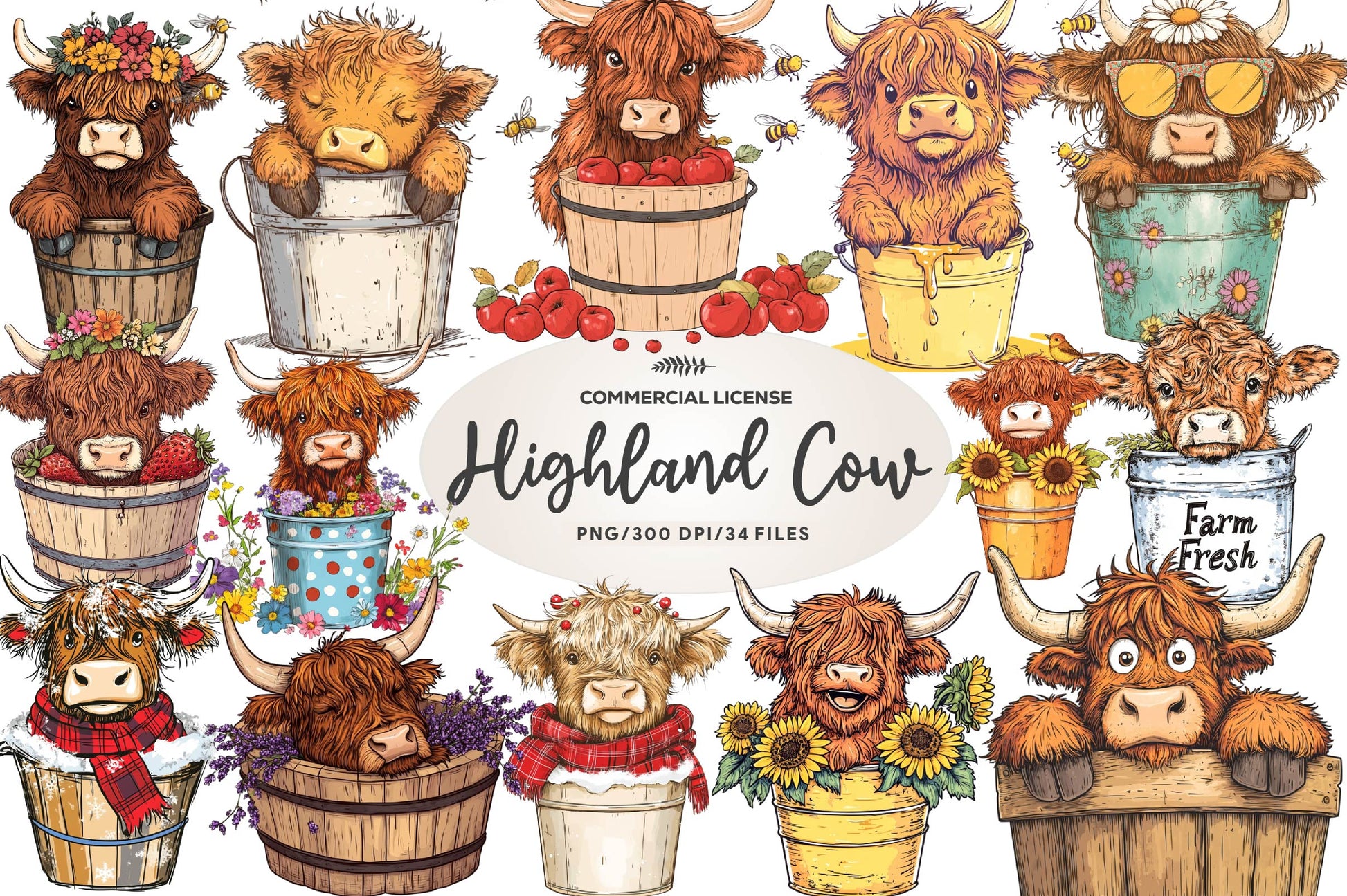 Cute Highland Cow In A Bucket Clipart Bundle - CraftNest - Digital Crafting and Art