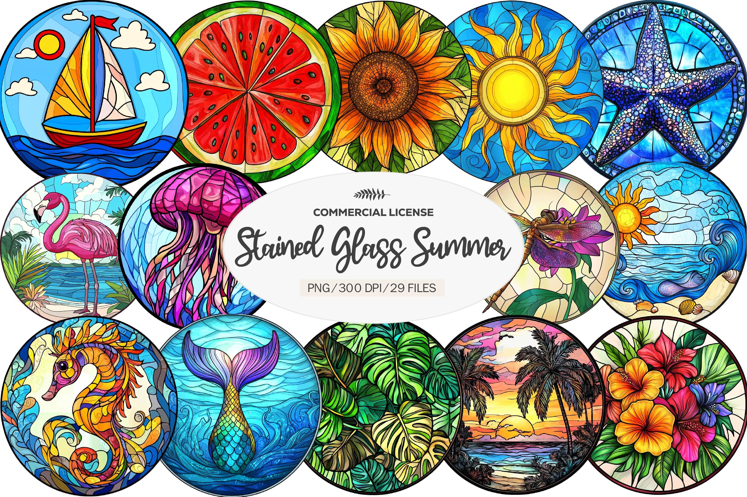 Round Stained Glass Summer Clipart Bundle 1 - CraftNest - Digital Crafting and Art