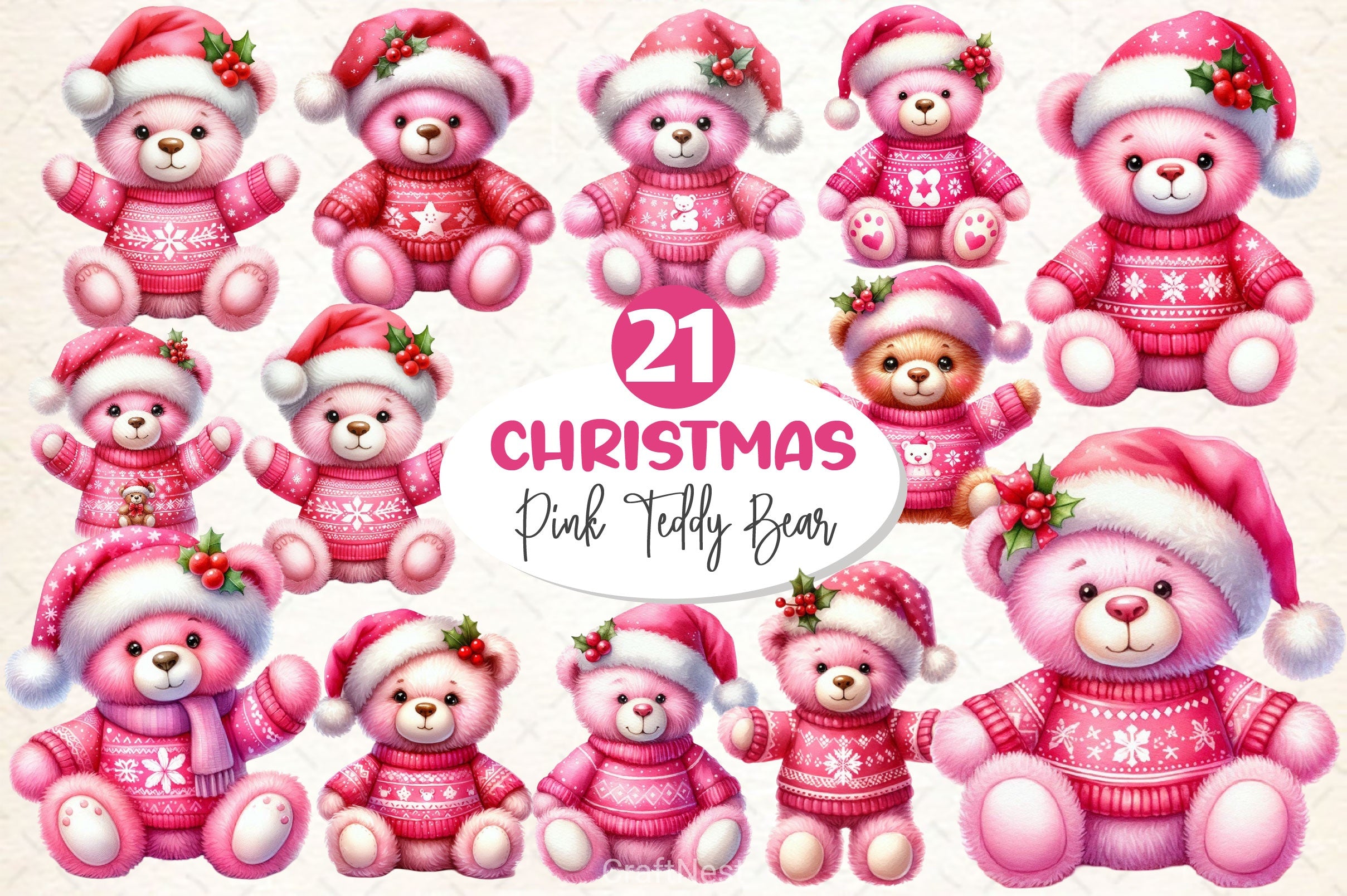 Pink Teddy Bear Christmas Clipart Bundle - CraftNest - Digital Crafting and Art