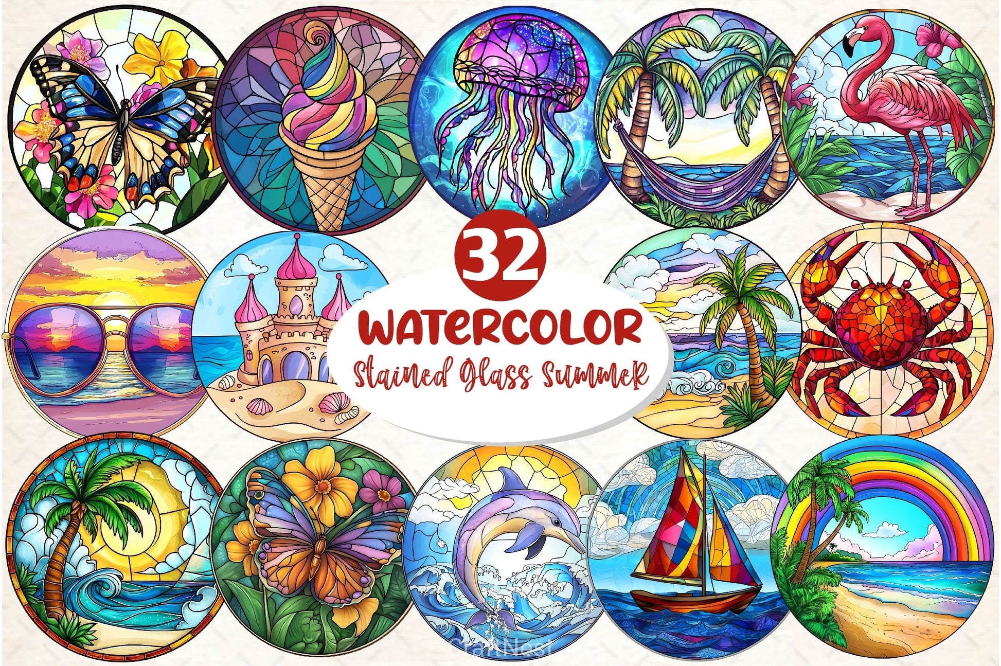 Round Stained Glass Summer Clipart Bundle 4 - CraftNest - Digital Crafting and Art