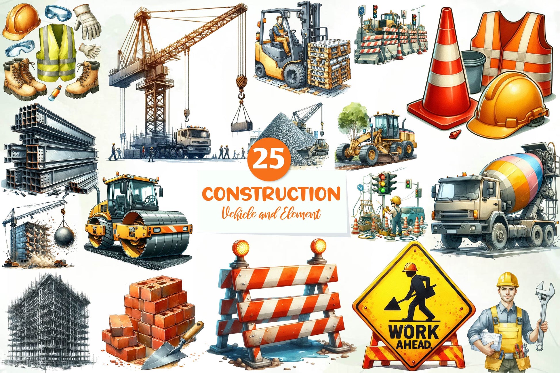 Construction Vehicle And Element Clipart Bundle - CraftNest - Digital Crafting and Art