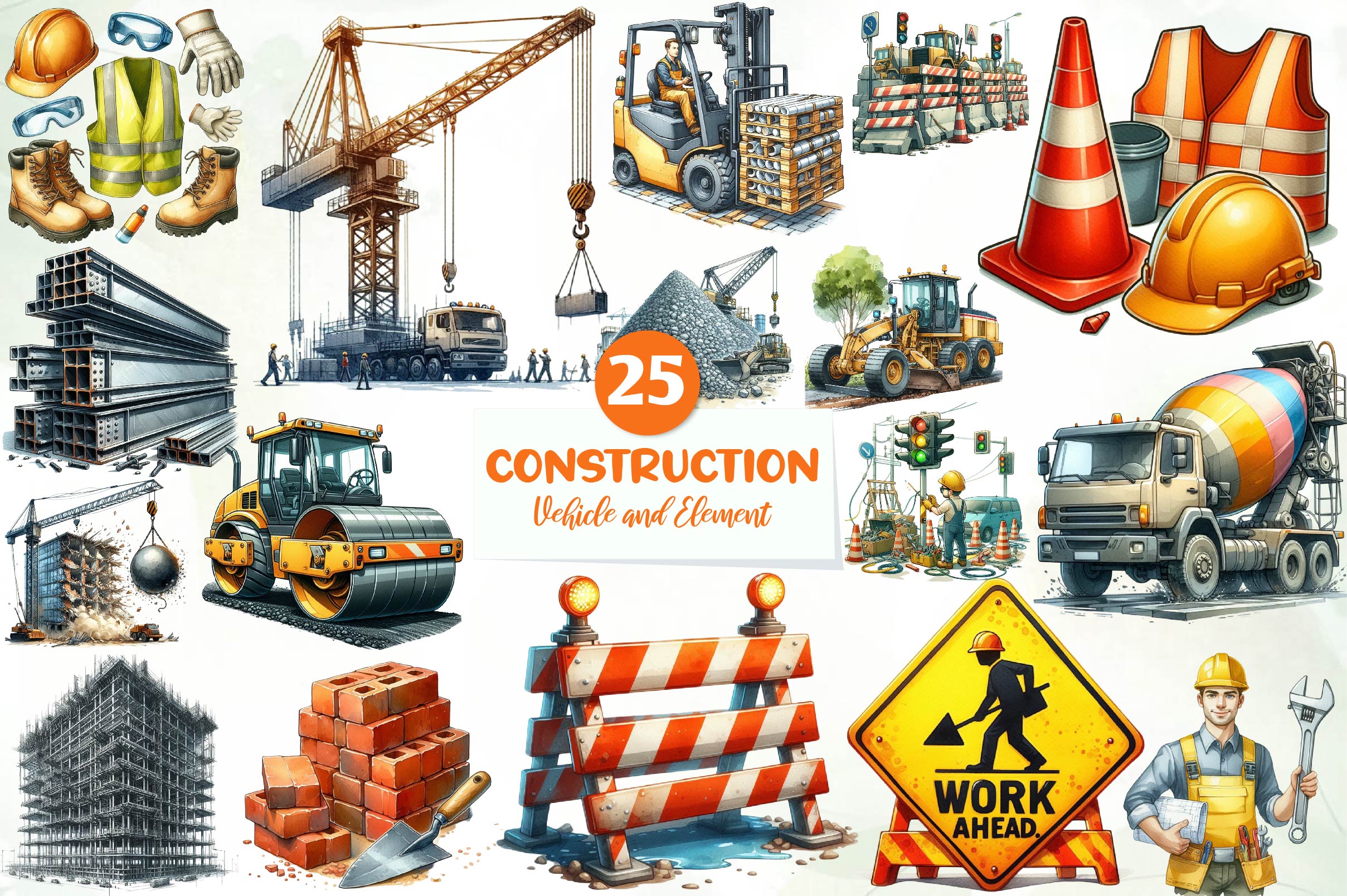 Construction Vehicle And Element Clipart Bundle - CraftNest - Digital Crafting and Art