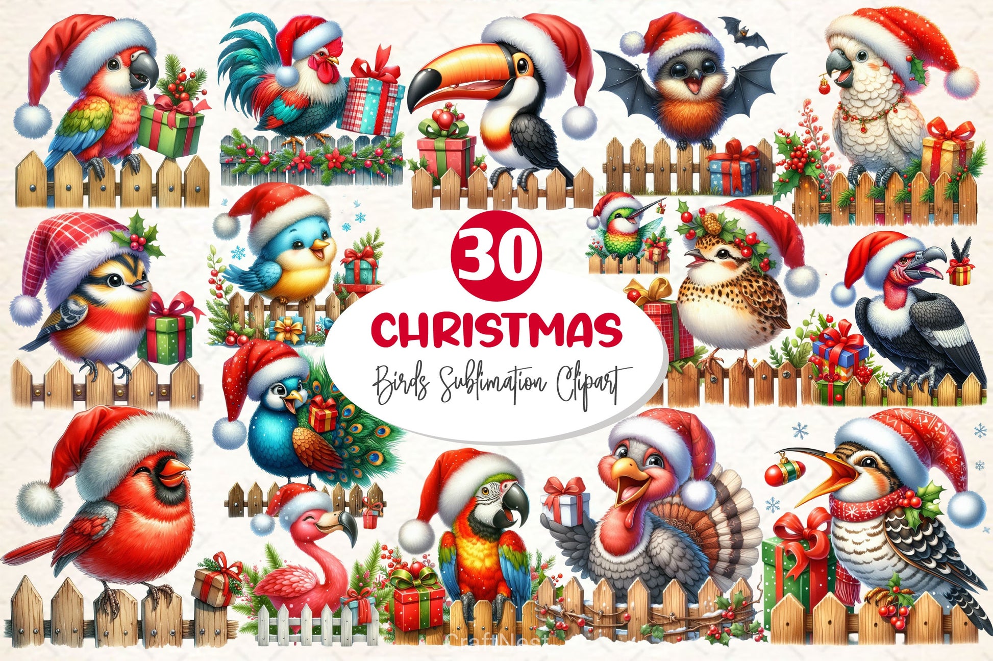 Funny Christmas Birds On Fence Clipart Bundle - CraftNest - Digital Crafting and Art