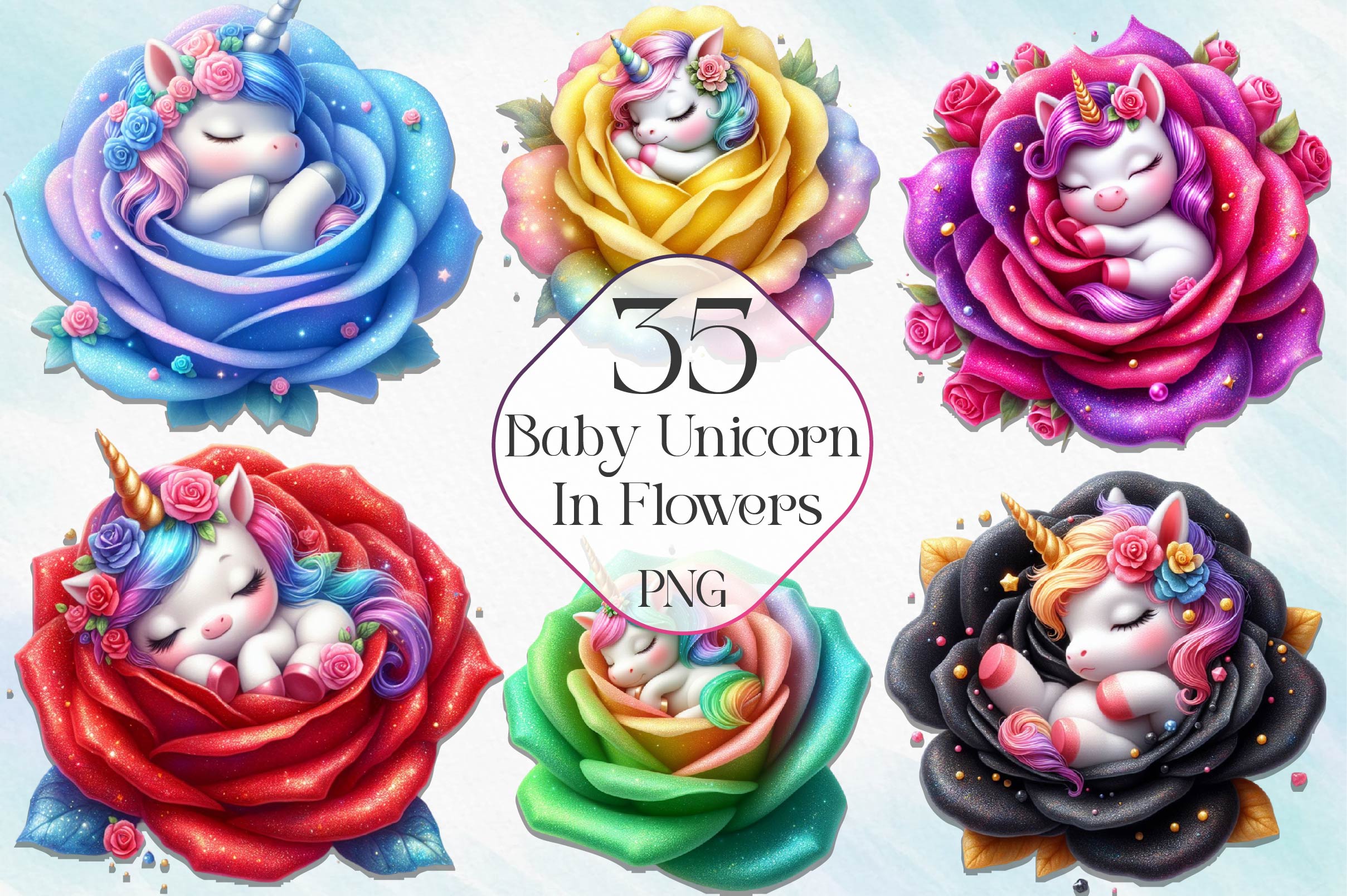 Baby Unicorn In Flowers Clipart Bundle - CraftNest - Digital Crafting and Art