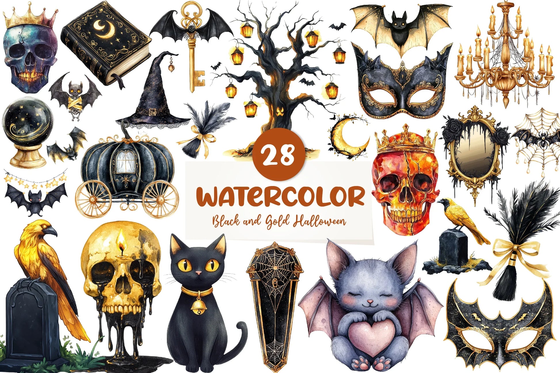 Creepy Black And Gold Halloween Clipart Bundle - CraftNest - Digital Crafting and Art