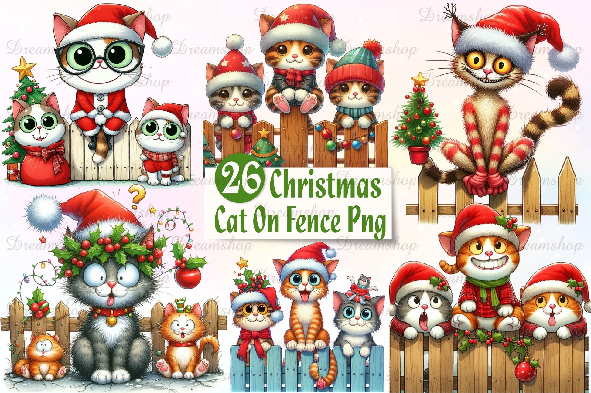 Christmas Cat On Fence Clipart Bundle - CraftNest - Digital Crafting and Art