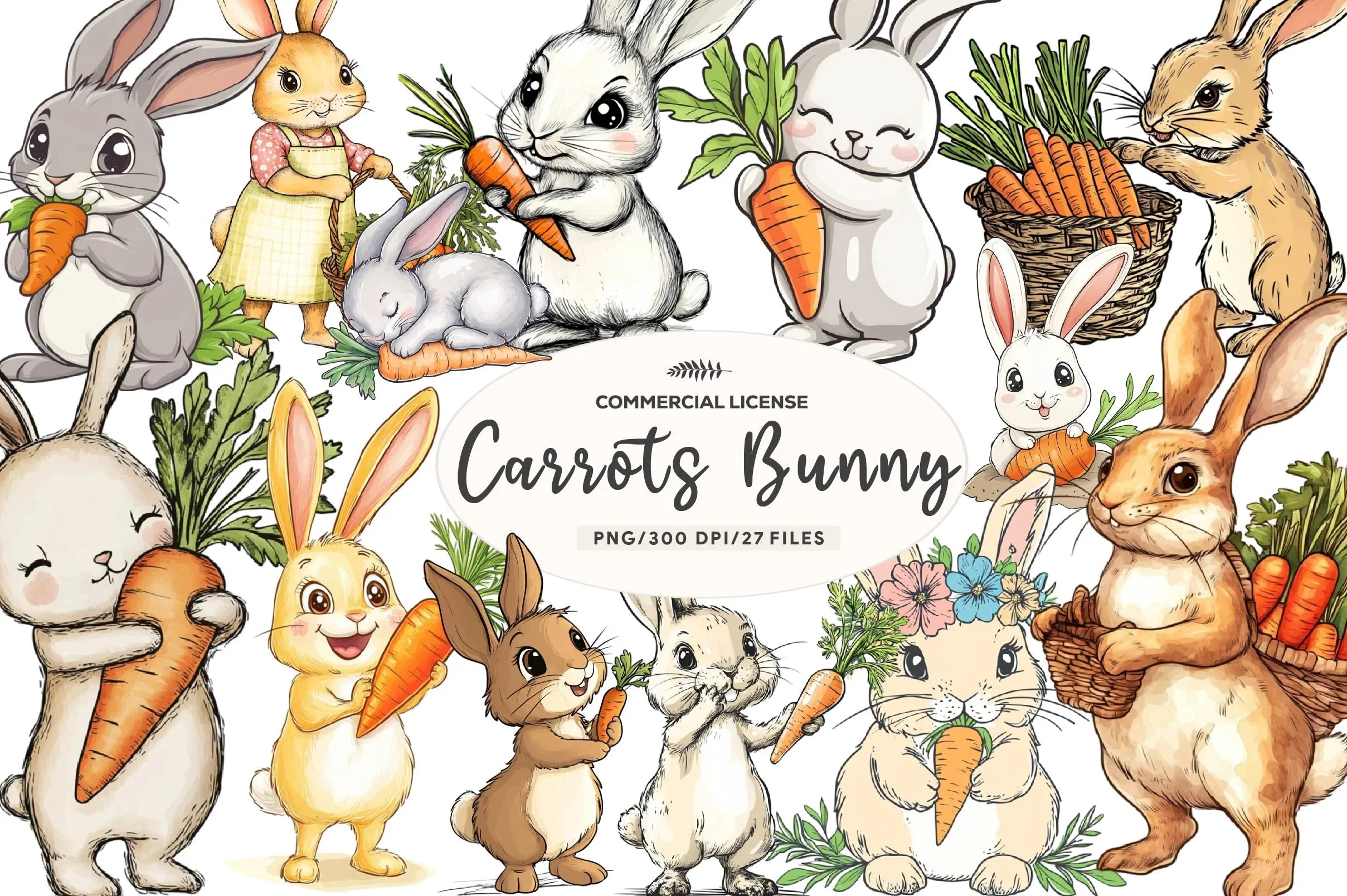 Hand Painted Bunny With Carrots Clipart Bundle - CraftNest - Digital Crafting and Art