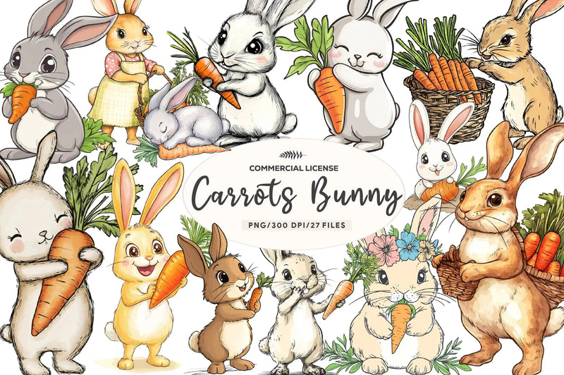 Hand Painted Bunny With Carrots Clipart Bundle - CraftNest - Digital Crafting and Art