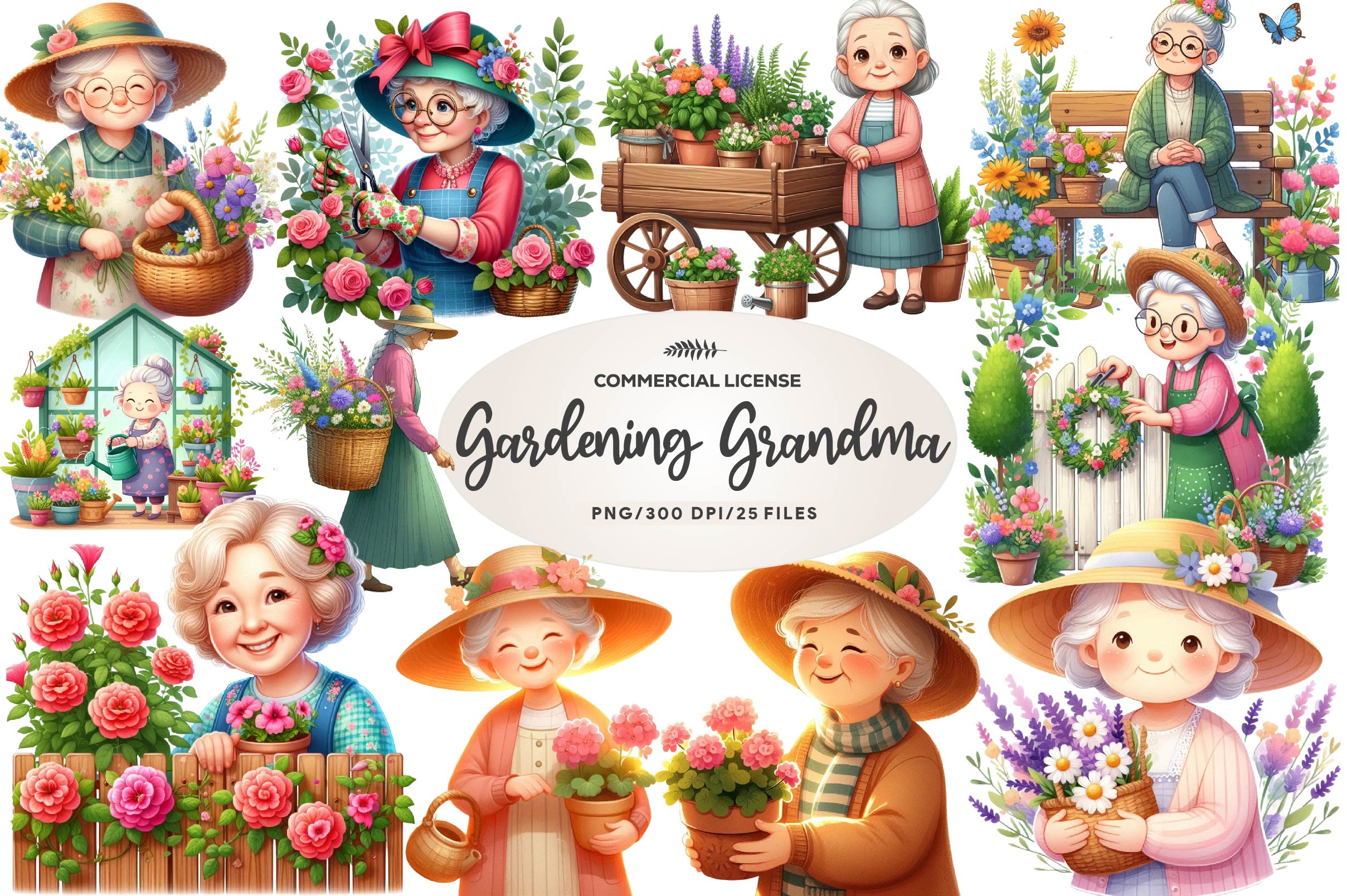 Gardening Grandma With Flowers Clipart Bundle - CraftNest - Digital Crafting and Art