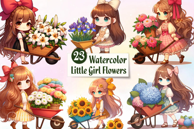 Little Cute Girl And Flowers Clipart Bundle - CraftNest - Digital Crafting and Art