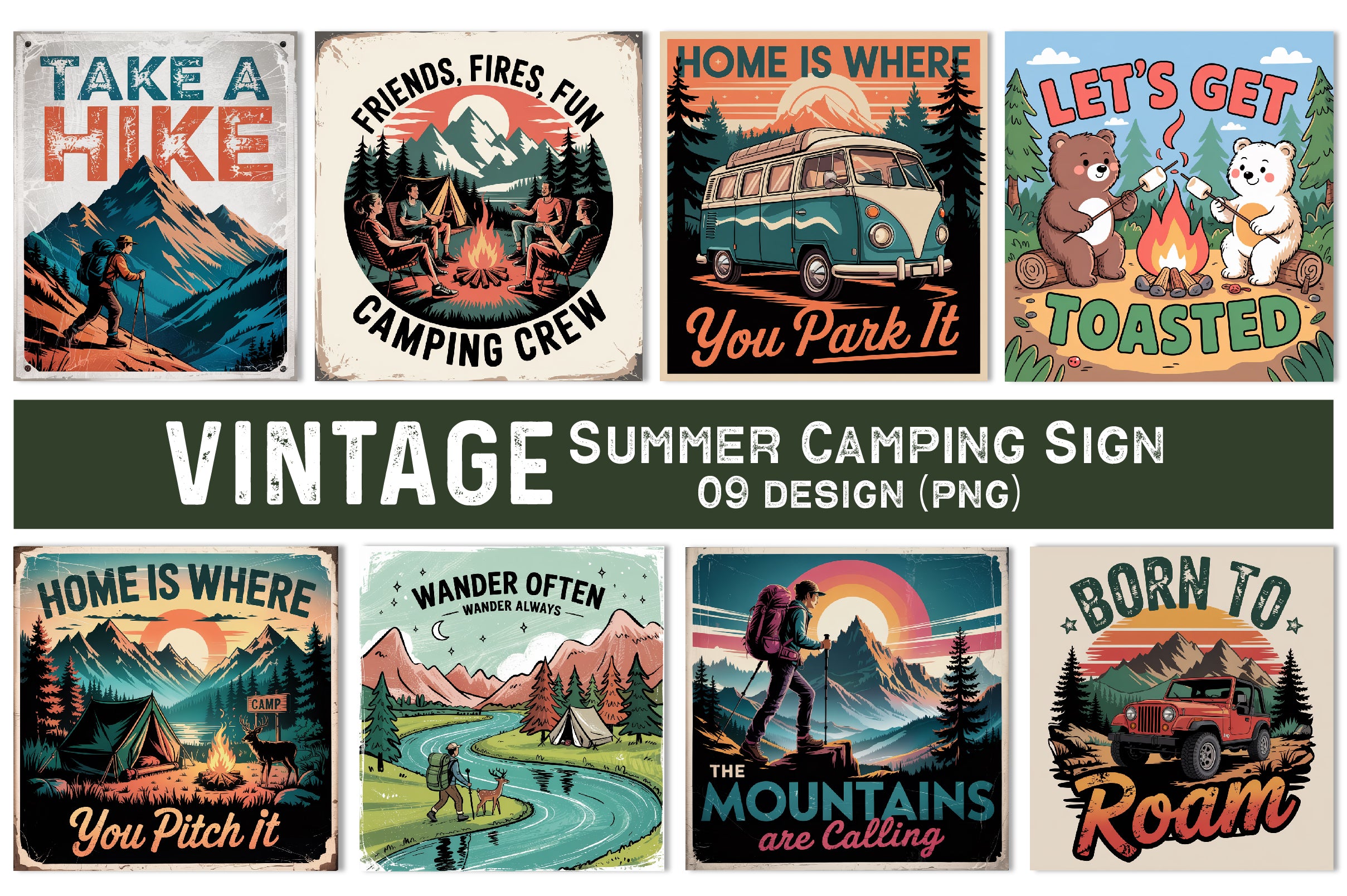 Vintage Summer Camping Sign Clipart Bundle - CraftNest - Digital Crafting and Art