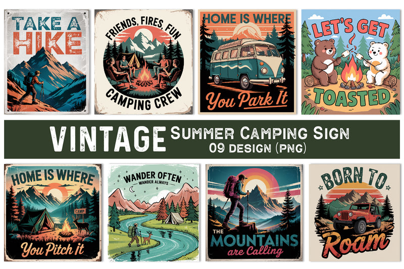 Vintage Summer Camping Sign Clipart Bundle - CraftNest - Digital Crafting and Art