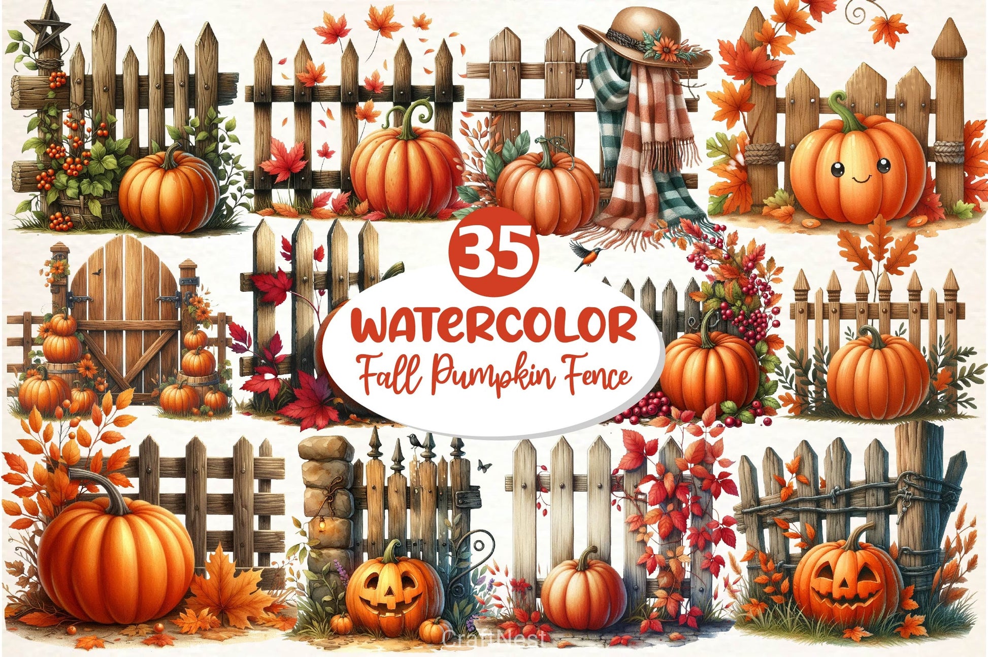Fall Pumpkin Fence Clipart Bundle 3 - CraftNest - Digital Crafting and Art