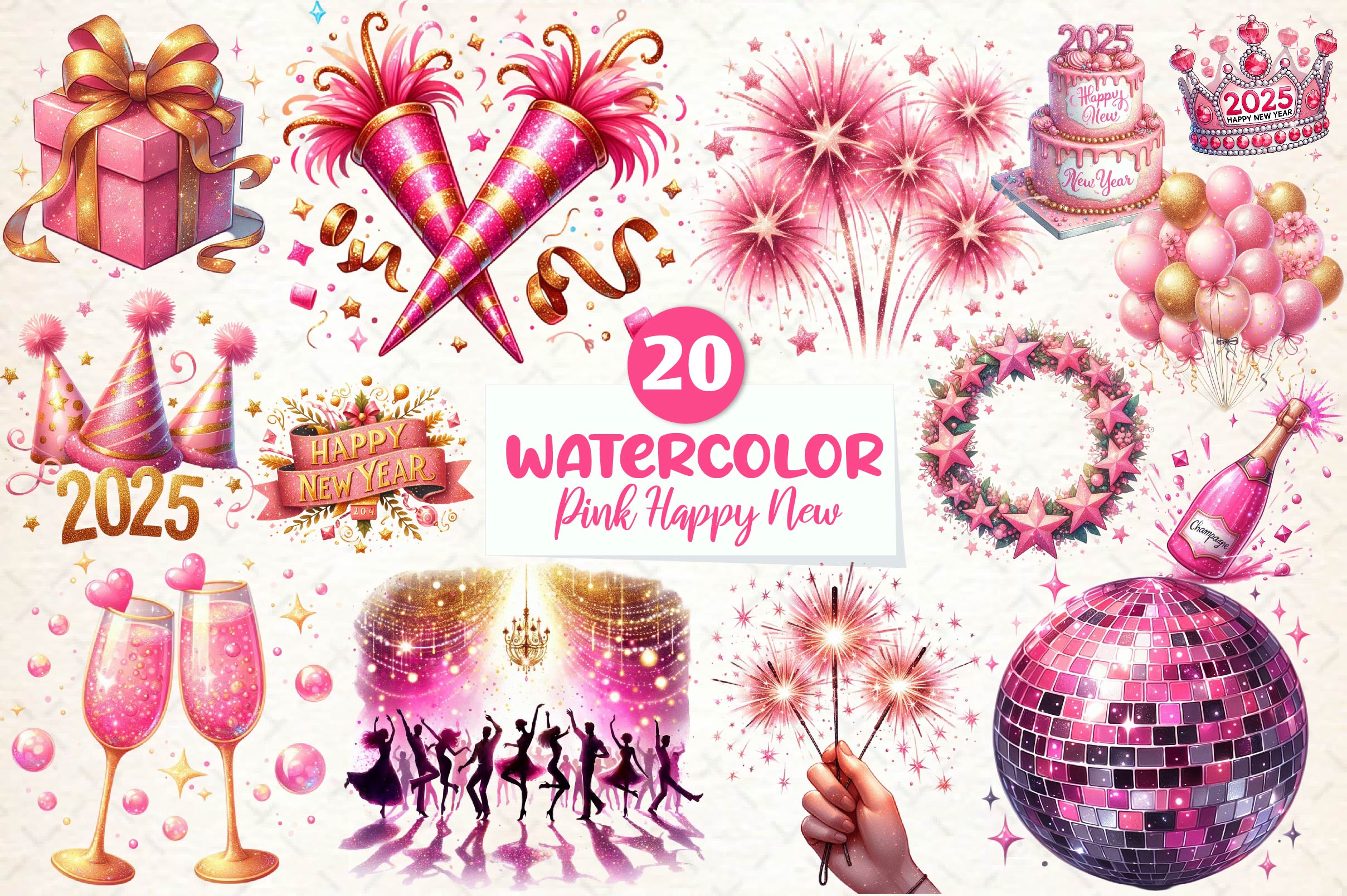 Glitter Pink Happy New Year 2025 Clipart Bundle - CraftNest - Digital Crafting and Art