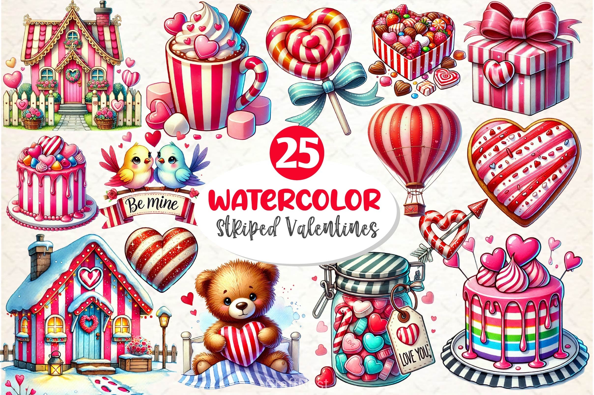 Striped Valentines Cottage Clipart Bundle - CraftNest - Digital Crafting and Art