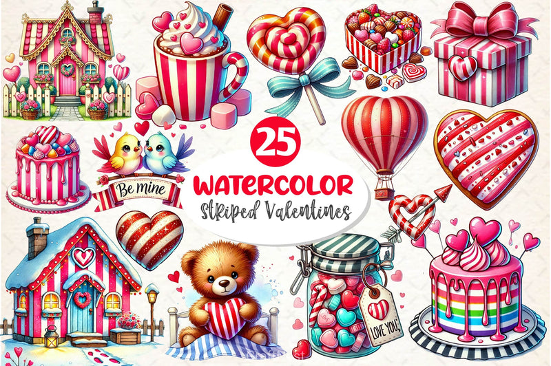 Striped Valentines Cottage Clipart Bundle - CraftNest - Digital Crafting and Art
