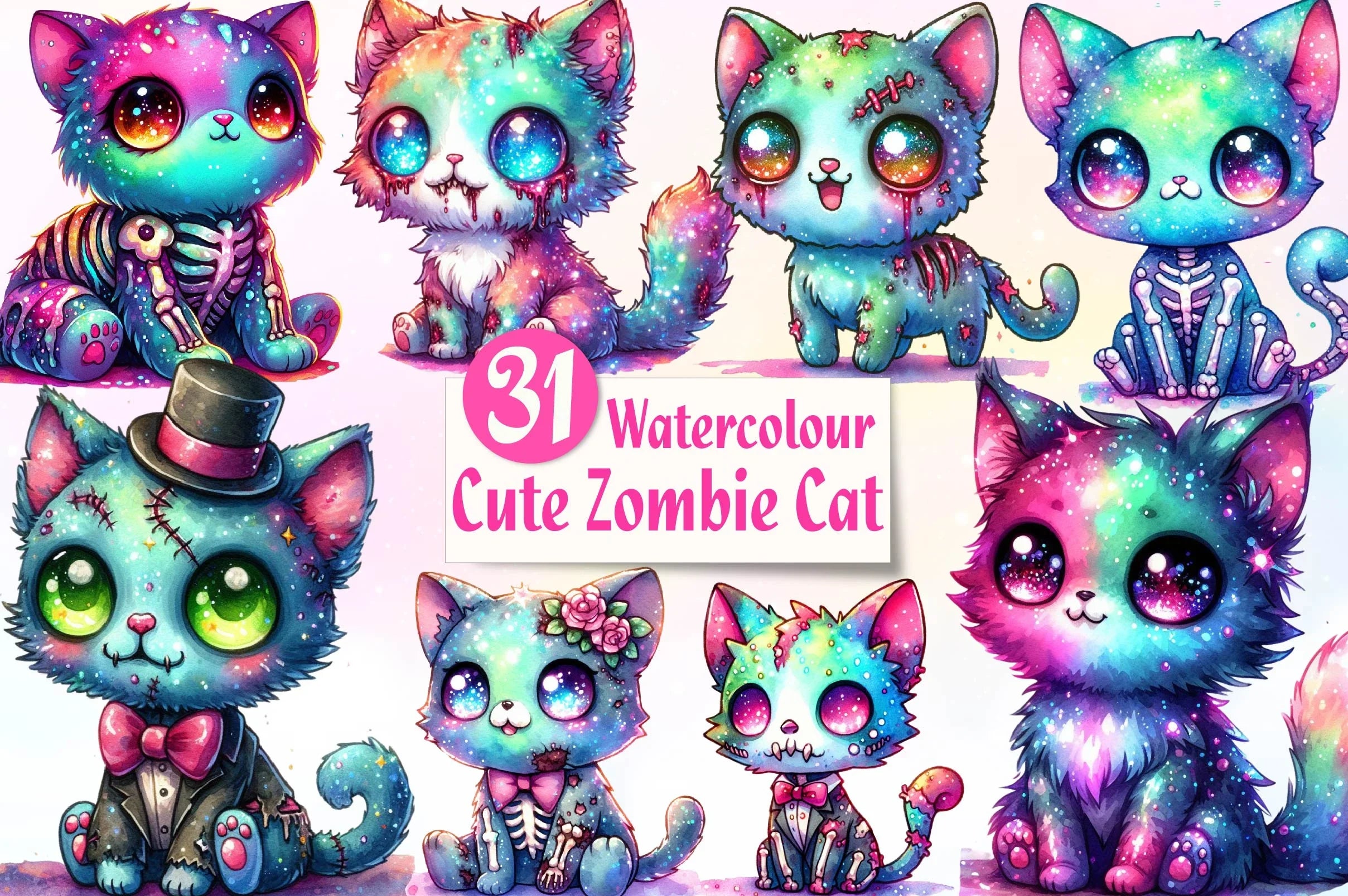 Cute Zombie Cat Clipart Bundle