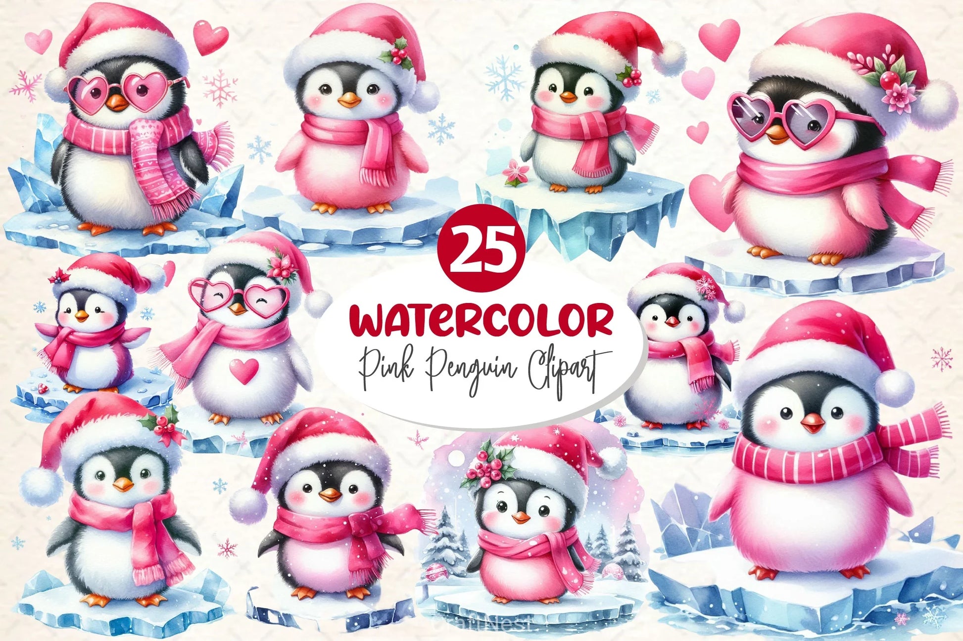 Pink Penguin Christmas Clipart Bundle - CraftNest - Digital Crafting and Art