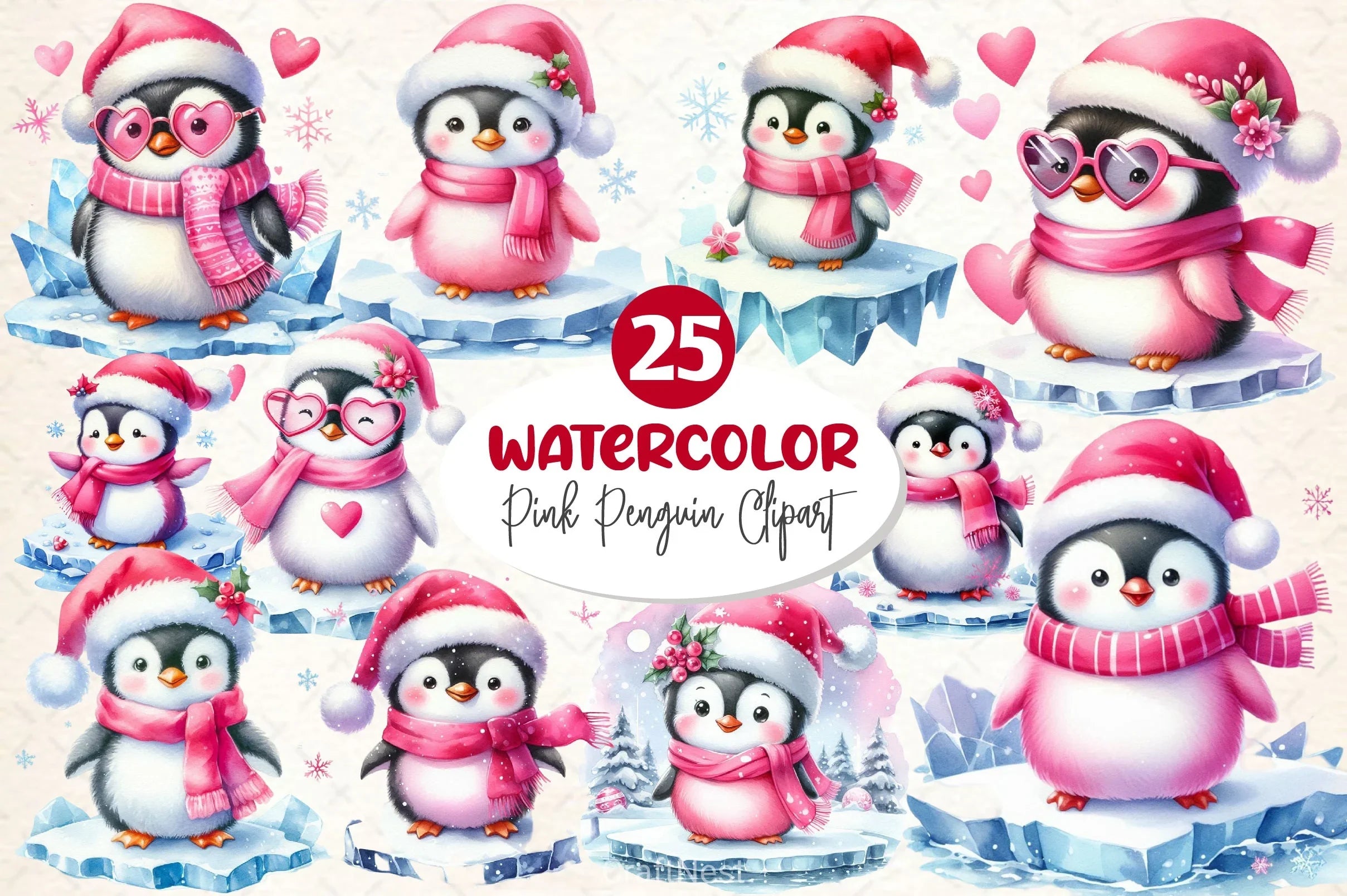 Pink Penguin Christmas Clipart Bundle - CraftNest - Digital Crafting and Art