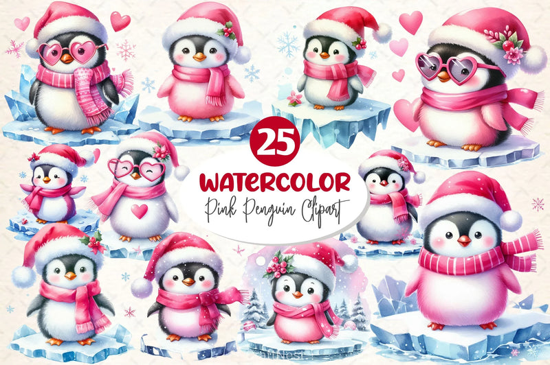 Pink Penguin Christmas Clipart Bundle - CraftNest - Digital Crafting and Art