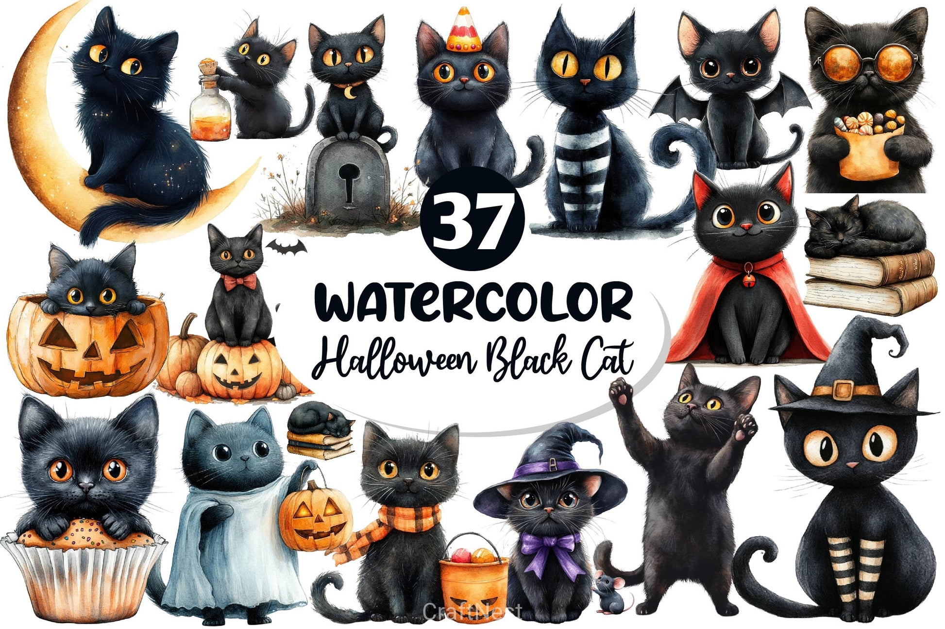 Halloween Whimsical Black Cat Clipart Bundle - CraftNest - Digital Crafting and Art