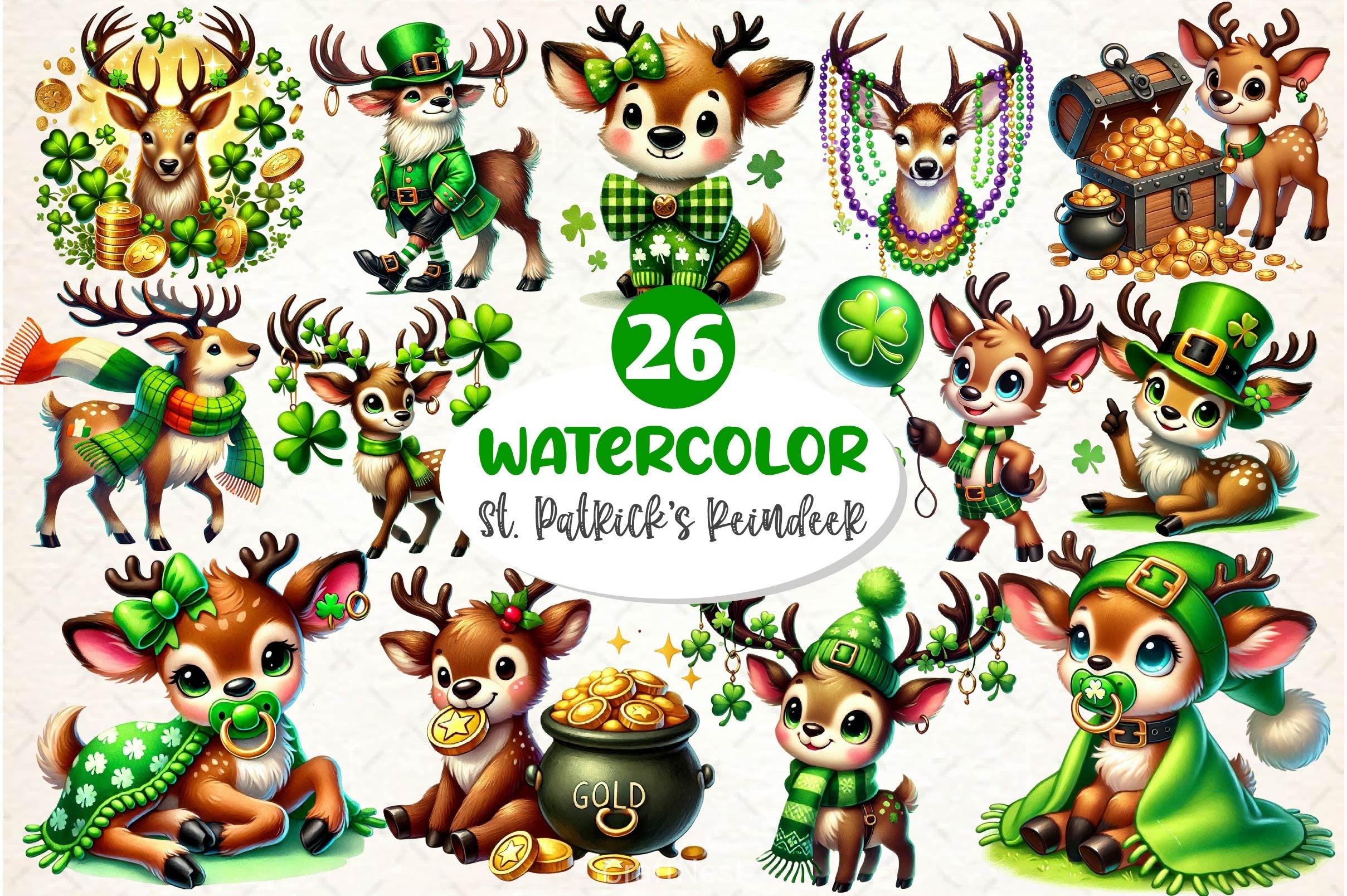 St Patricks Day Cute Reindeer Clipart Bundle 2 - CraftNest - Digital Crafting and Art