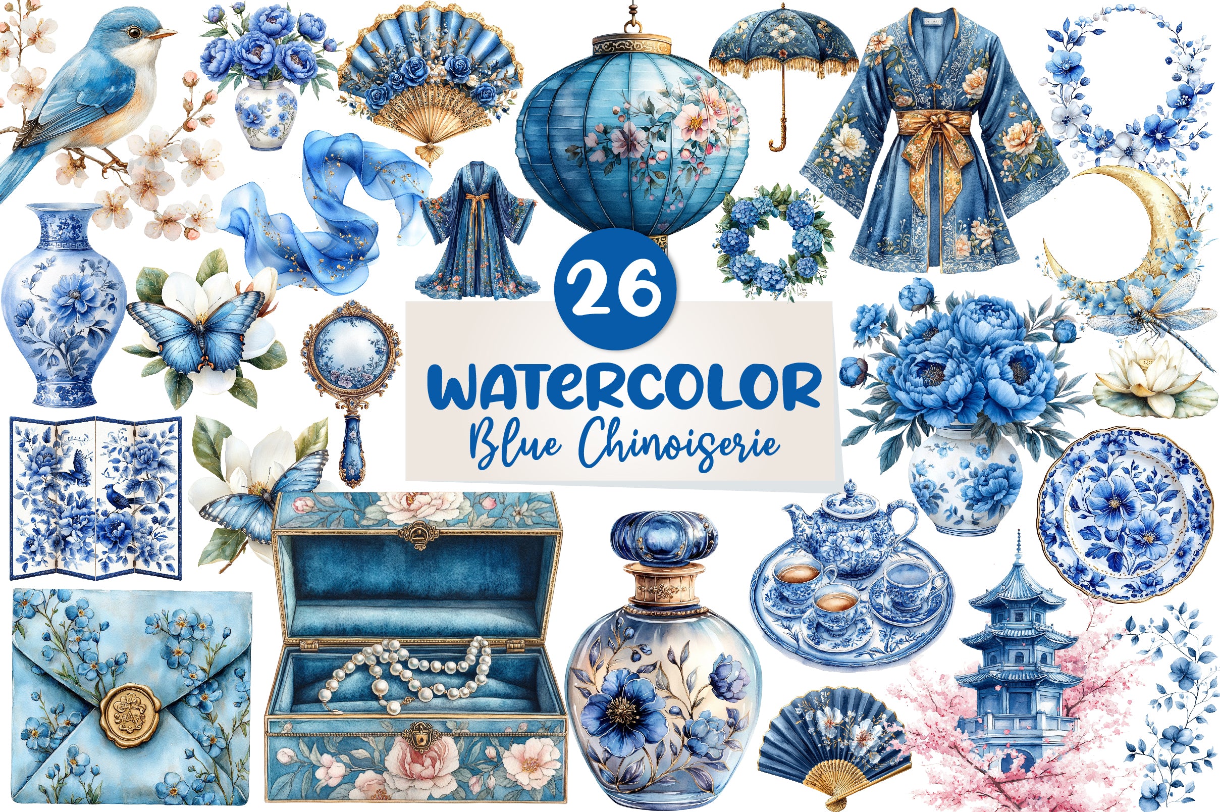 Blue Chinoiserie Summer Clipart Bundle 2 - CraftNest - Digital Crafting and Art