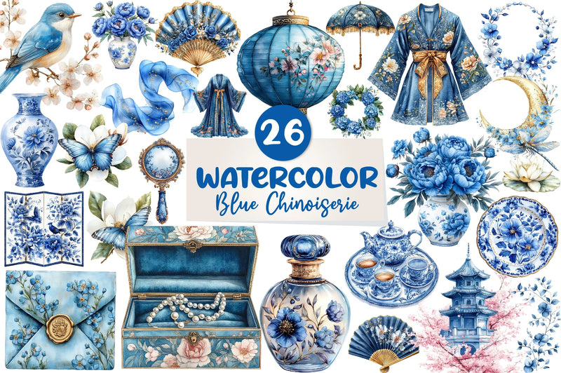 Blue Chinoiserie Summer Clipart Bundle 2 - CraftNest - Digital Crafting and Art