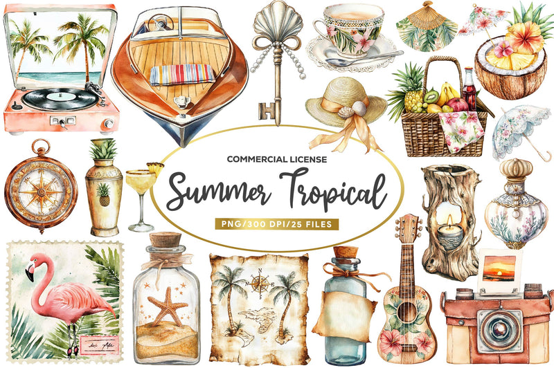 Vintage Summer Tropical Clipart Bundle - CraftNest - Digital Crafting and Art
