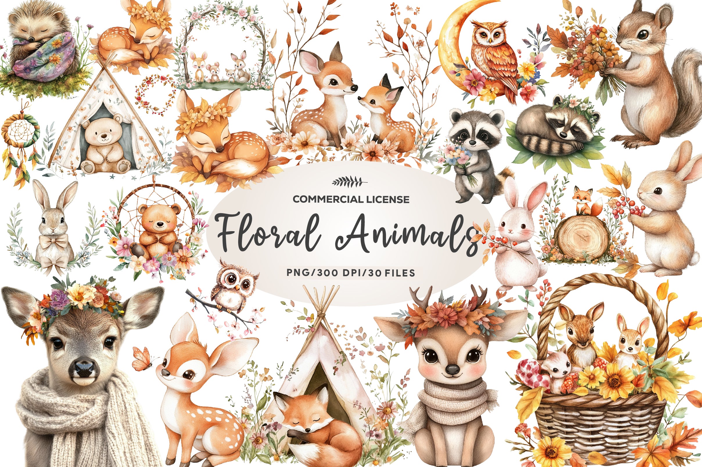 Boho Woodland Baby Floral Animals Clipart Bundle - CraftNest - Digital Crafting and Art