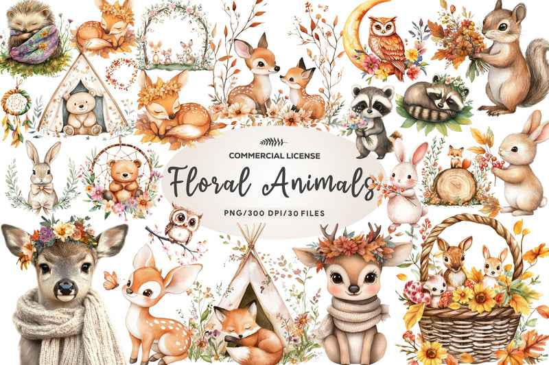 Boho Woodland Baby Floral Animals Clipart Bundle - CraftNest - Digital Crafting and Art