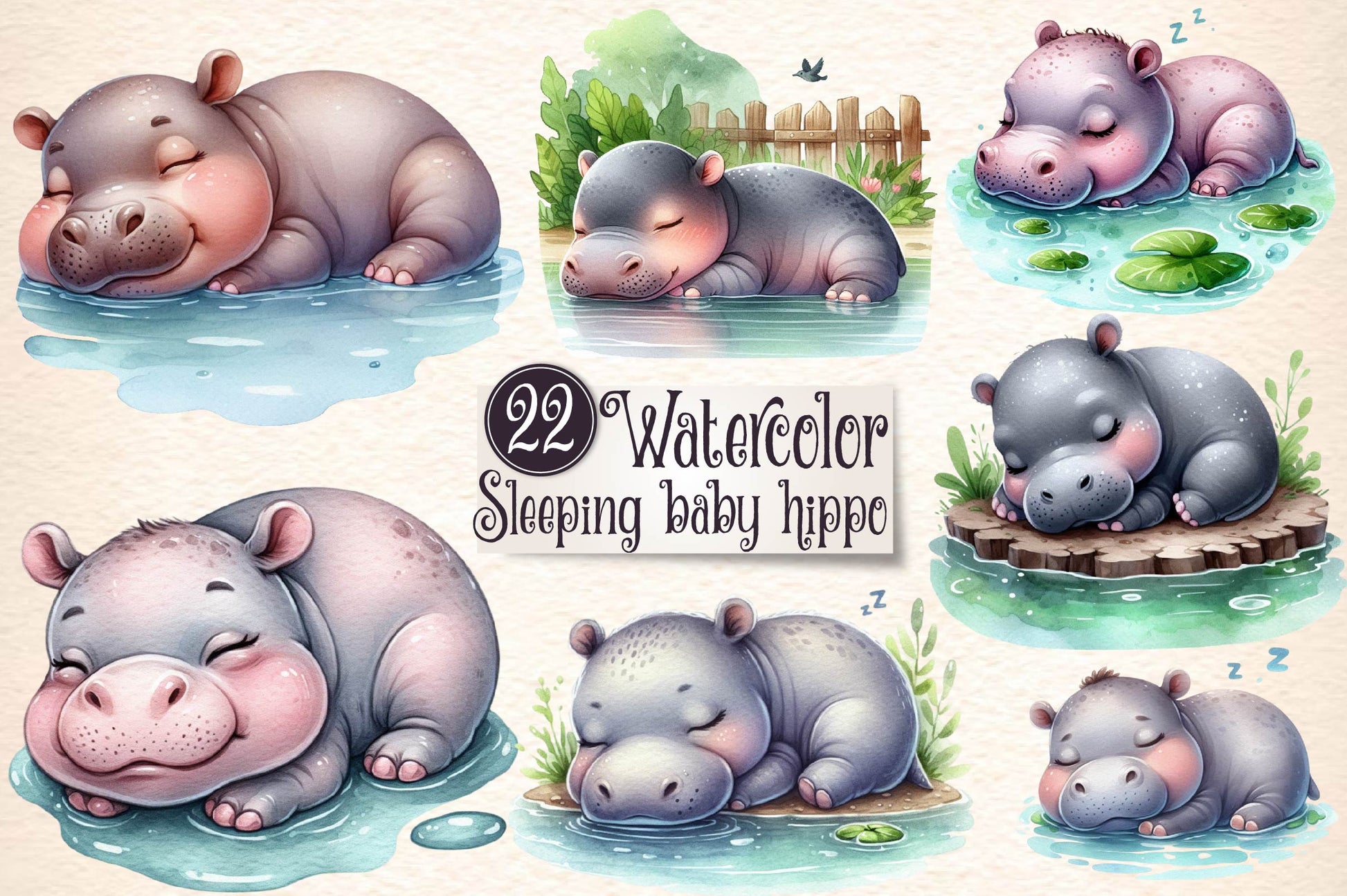 Sleeping Baby Hippo Clipart Bundle - CraftNest - Digital Crafting and Art