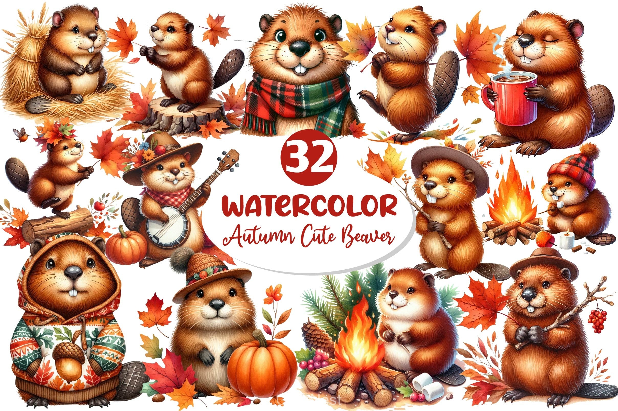 Autumn Cute Beaver Clipart Bundle 2 - CraftNest - Digital Crafting and Art