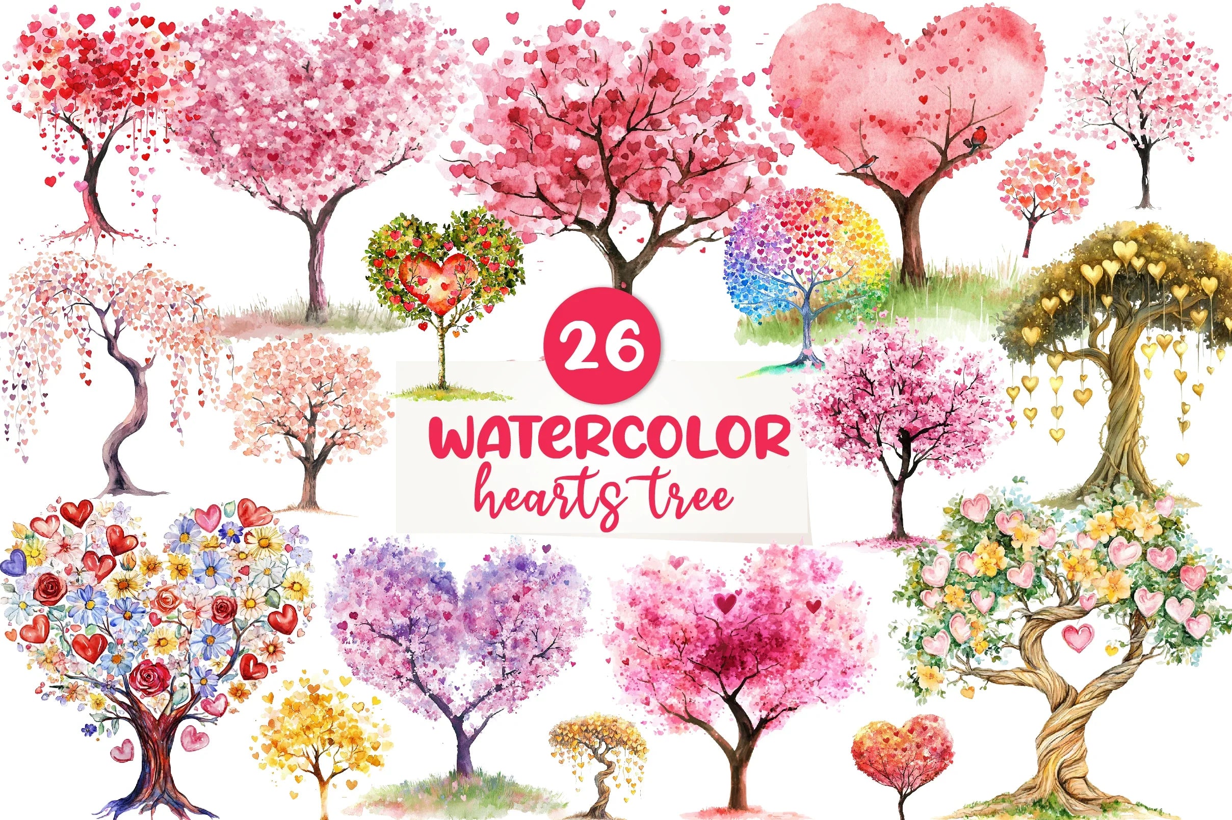 Spring Hearts Tree Clipart Bundle