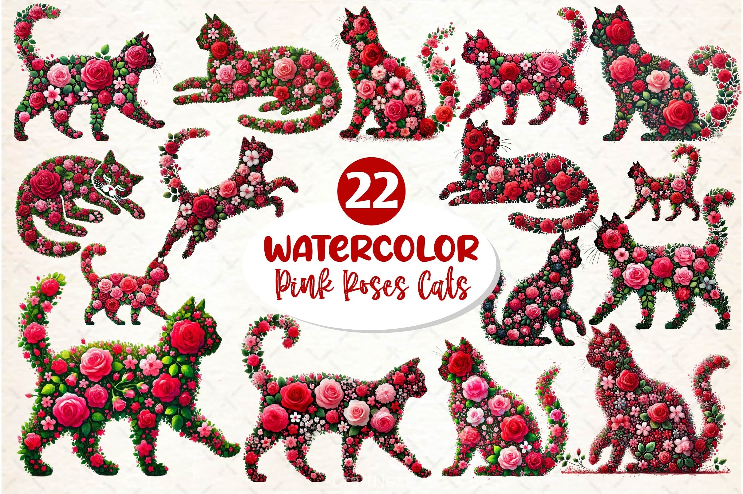 Valentine Pink Roses Cats Clipart Bundle 2 - CraftNest - Digital Crafting and Art