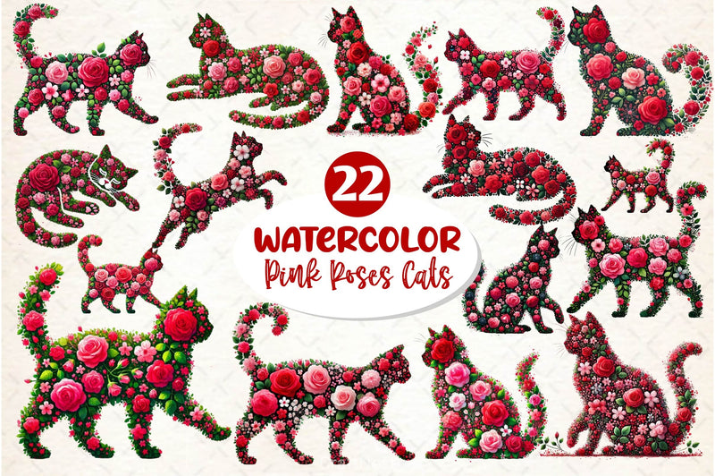Valentine Pink Roses Cats Clipart Bundle 2 - CraftNest - Digital Crafting and Art
