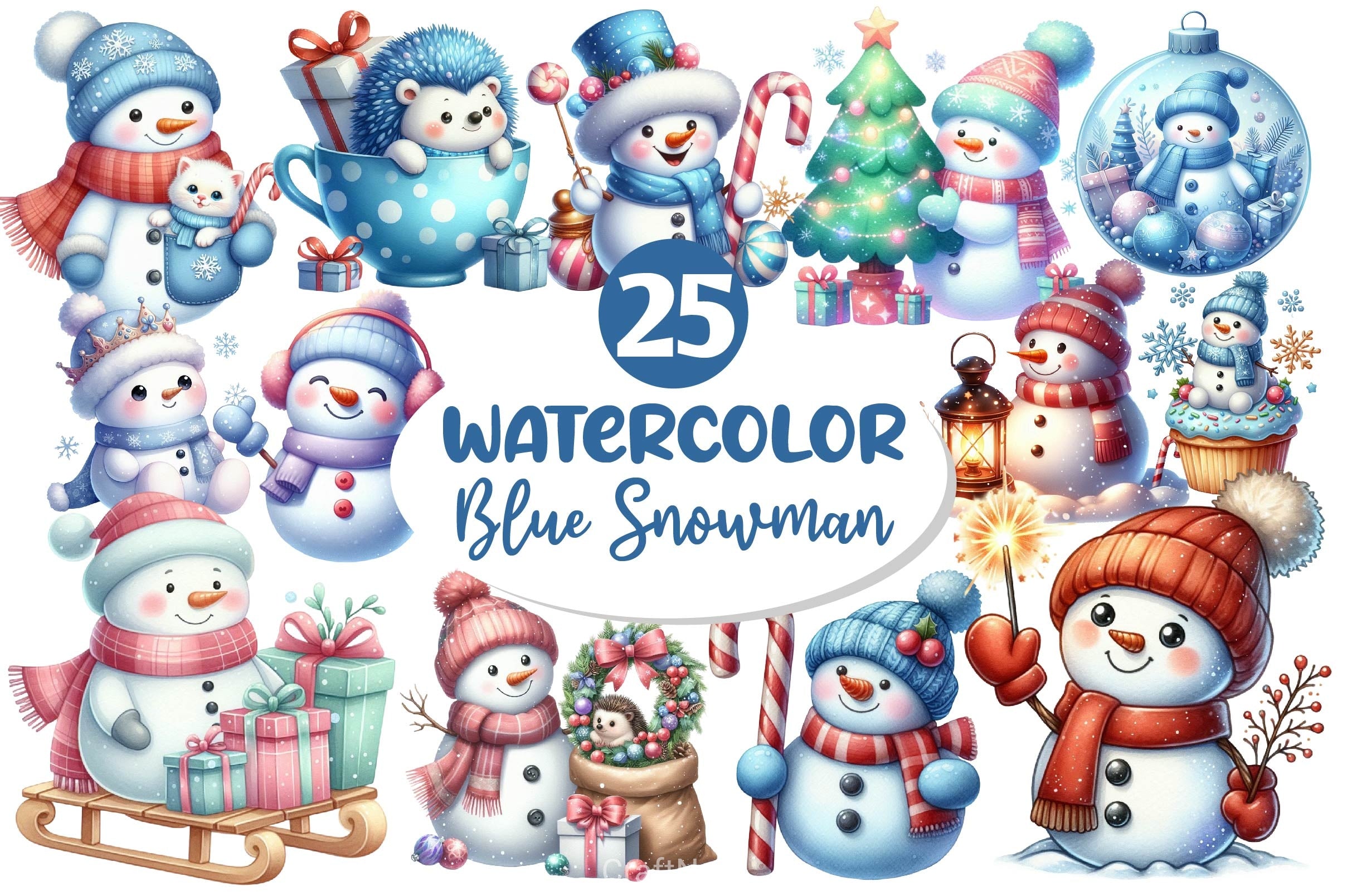 Christmas Pastel Blue Snowman Clipart Bundle - CraftNest - Digital Crafting and Art