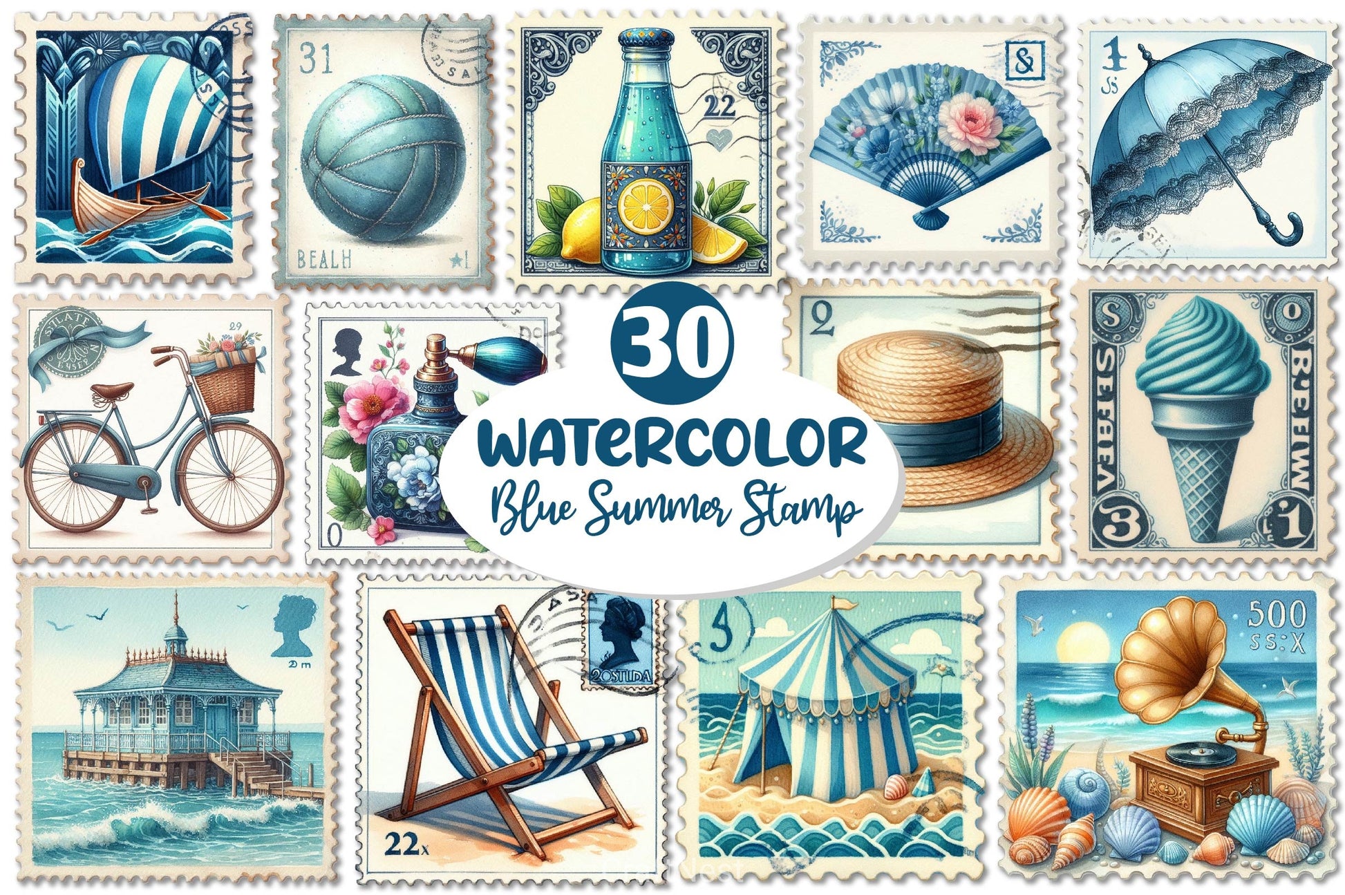 Blue Summer 1920 Postage Stamp Clipart Bundle - CraftNest - Digital Crafting and Art