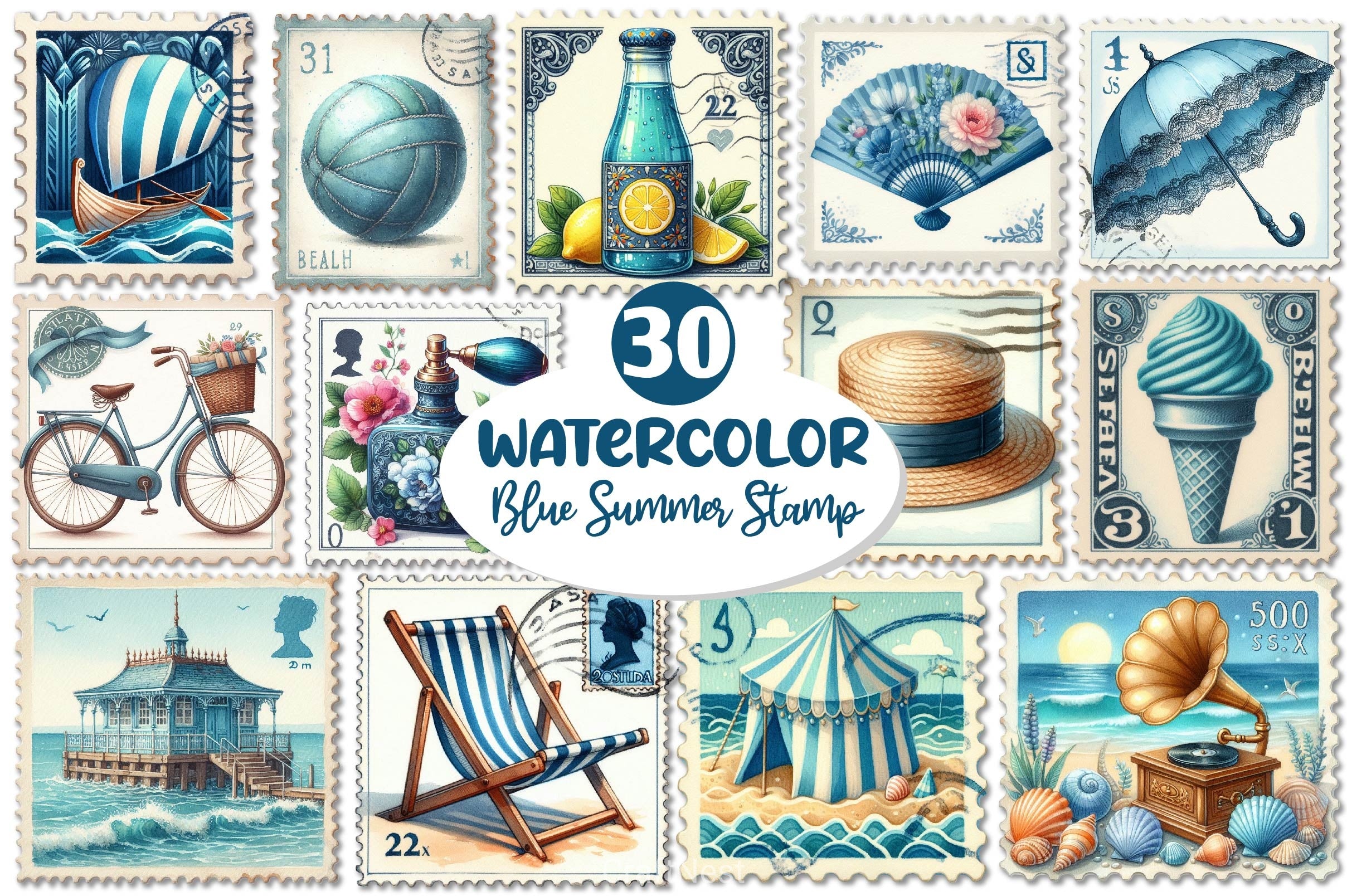 Blue Summer 1920 Postage Stamp Clipart Bundle - CraftNest - Digital Crafting and Art
