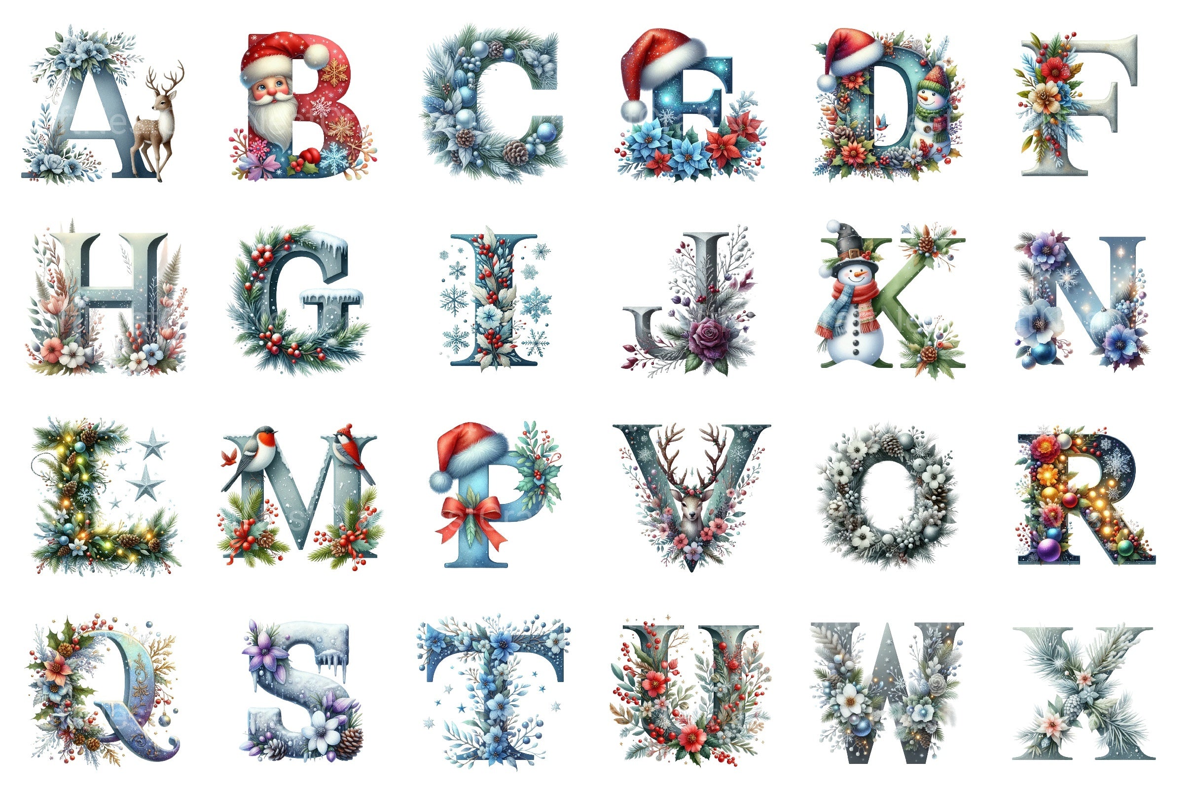 Christmas Alphabet Numbers Reindeer Santa Snowman Clipart Bundle - CraftNest - Digital Crafting and Art