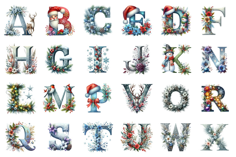 Christmas Alphabet Numbers Reindeer Santa Snowman Clipart Bundle - CraftNest - Digital Crafting and Art