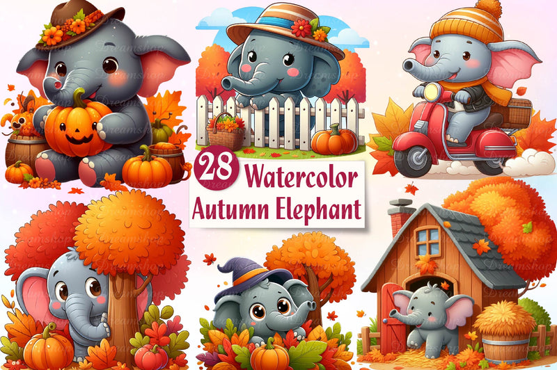 Cute Autumn Elephant Clipart Bundle - CraftNest - Digital Crafting and Art