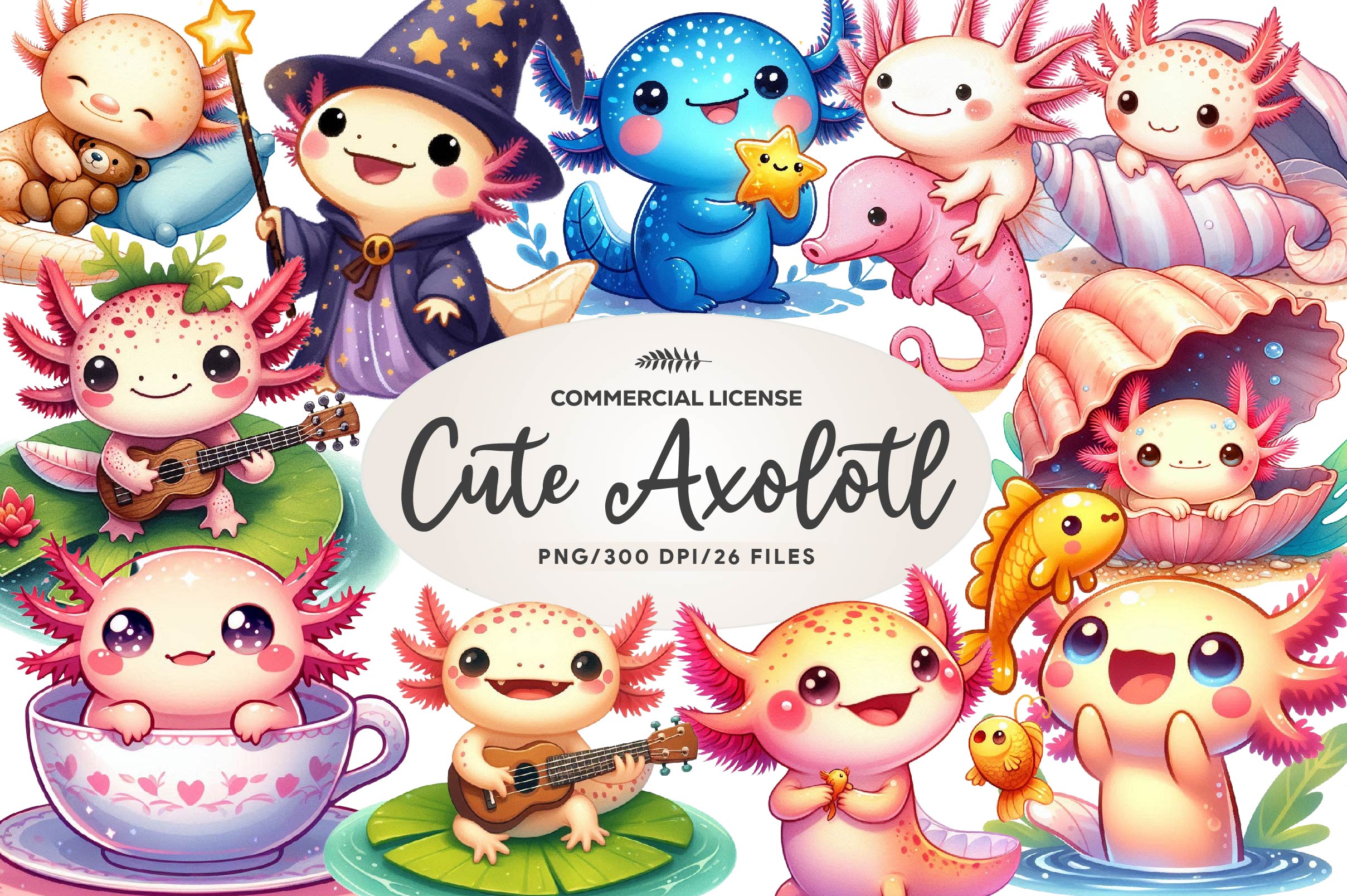 Cute Cartoon Axolotl Clipart Bundle - CraftNest - Digital Crafting and Art