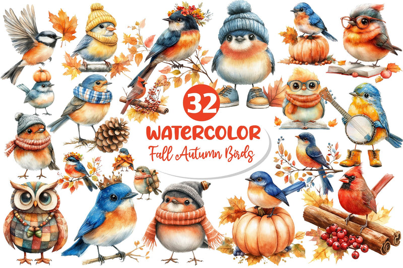 Whimsical Fall Autumn Birds Clipart Bundle - CraftNest - Digital Crafting and Art